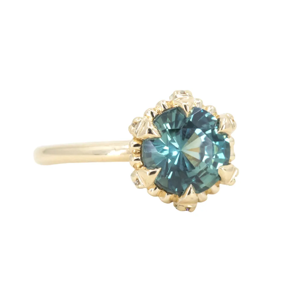 2.29ct Teal Montana Sapphire Scallop Cup Solitaire with Hidden Halo in 14k Yellow Gold