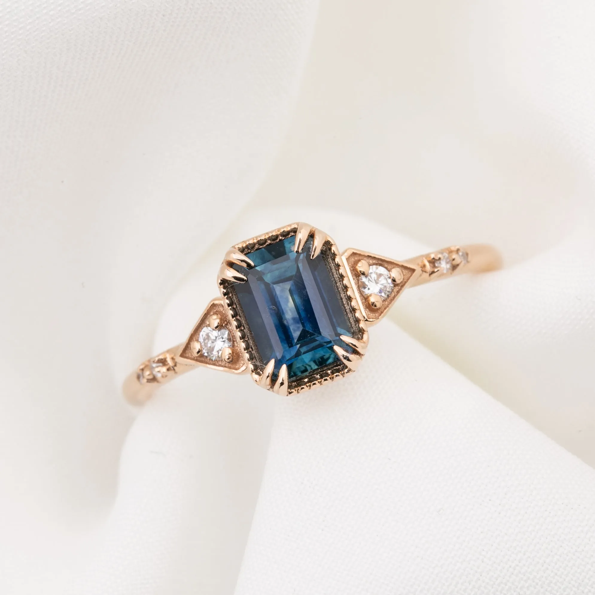 Agatha Ring 1.11ct Deep Teal Blue Emerald Montana Sapphire, 14K Rose Gold (One of a kind)