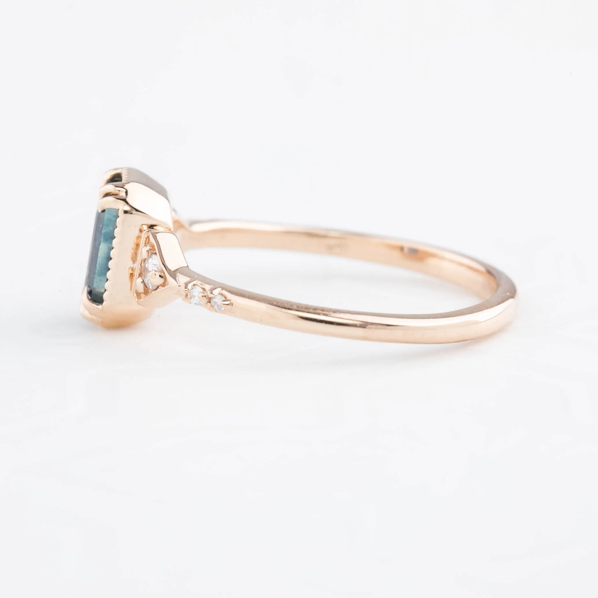 Agatha Ring 1.11ct Deep Teal Blue Emerald Montana Sapphire, 14K Rose Gold (One of a kind)