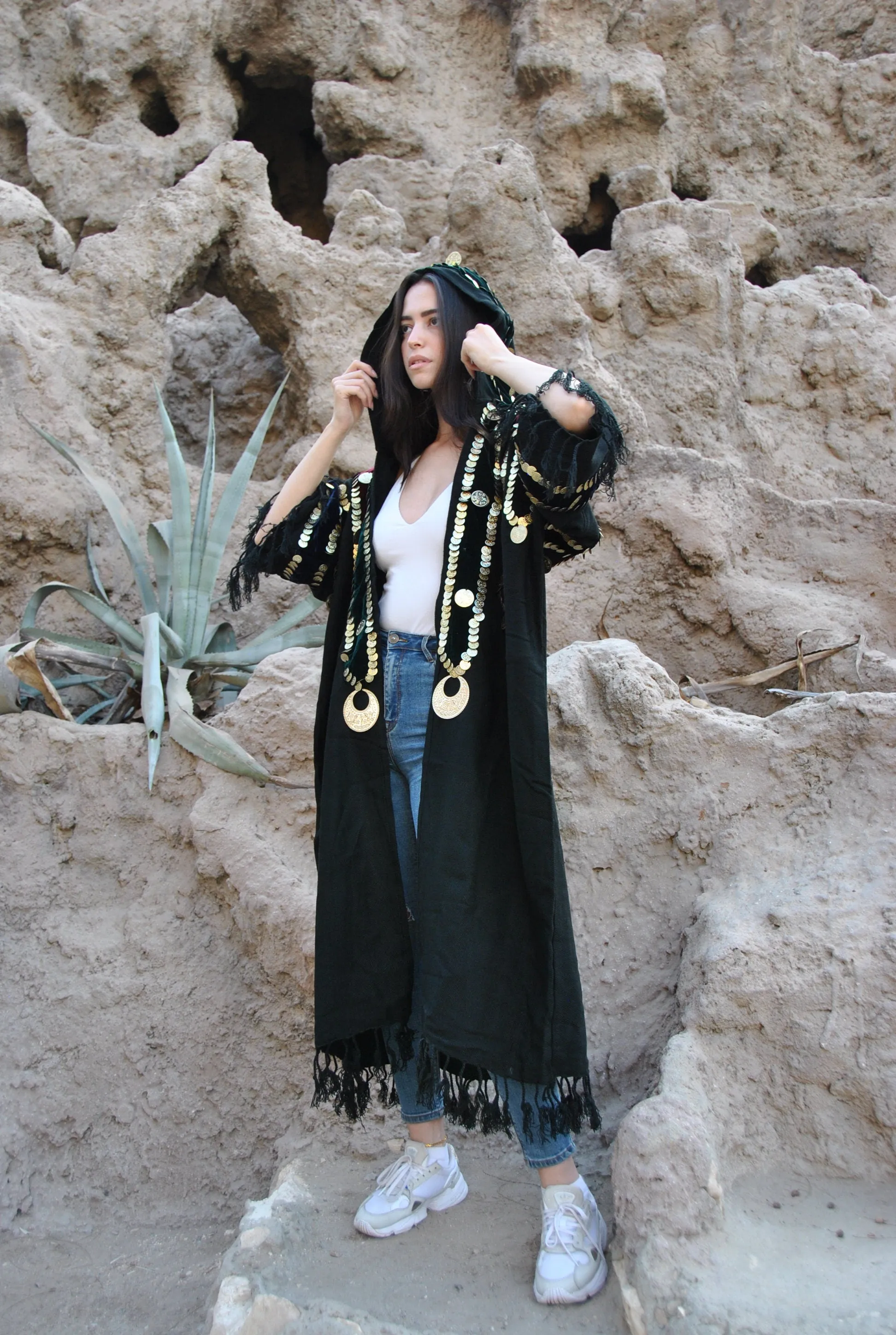 Bedouin Egyptian hand loomed Winter Kimono, Wool jacket, hand stitched coins, hooded jacket, Wool Gypsy Jacket, Abaya, Abayas for women