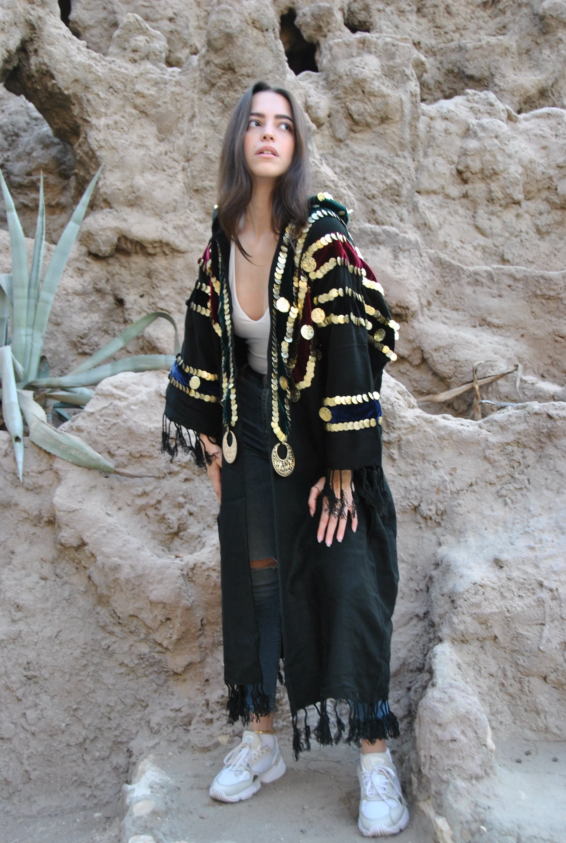 Bedouin Egyptian hand loomed Winter Kimono, Wool jacket, hand stitched coins, hooded jacket, Wool Gypsy Jacket, Abaya, Abayas for women