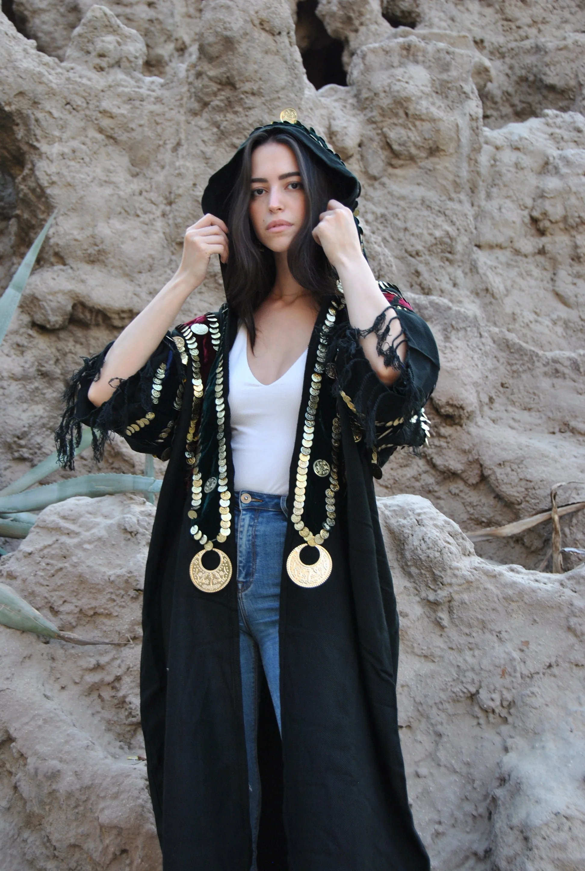 Bedouin Egyptian hand loomed Winter Kimono, Wool jacket, hand stitched coins, hooded jacket, Wool Gypsy Jacket, Abaya, Abayas for women