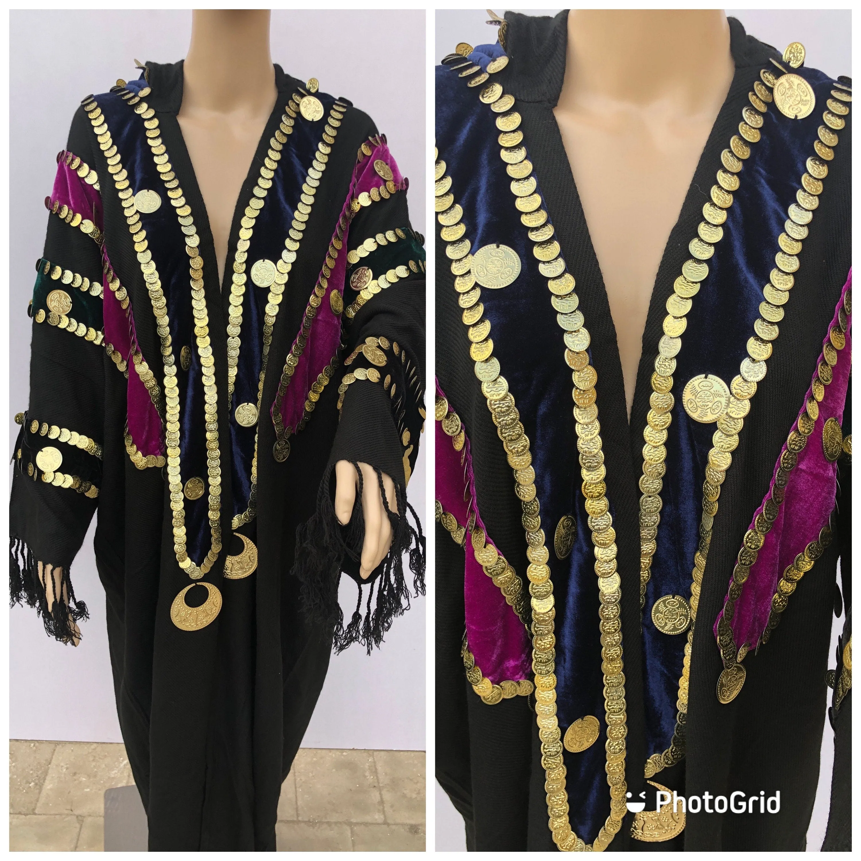 Bedouin Egyptian hand loomed Winter Kimono, Wool jacket, hand stitched coins, hooded jacket, Wool Gypsy Jacket, Abaya, Abayas for women