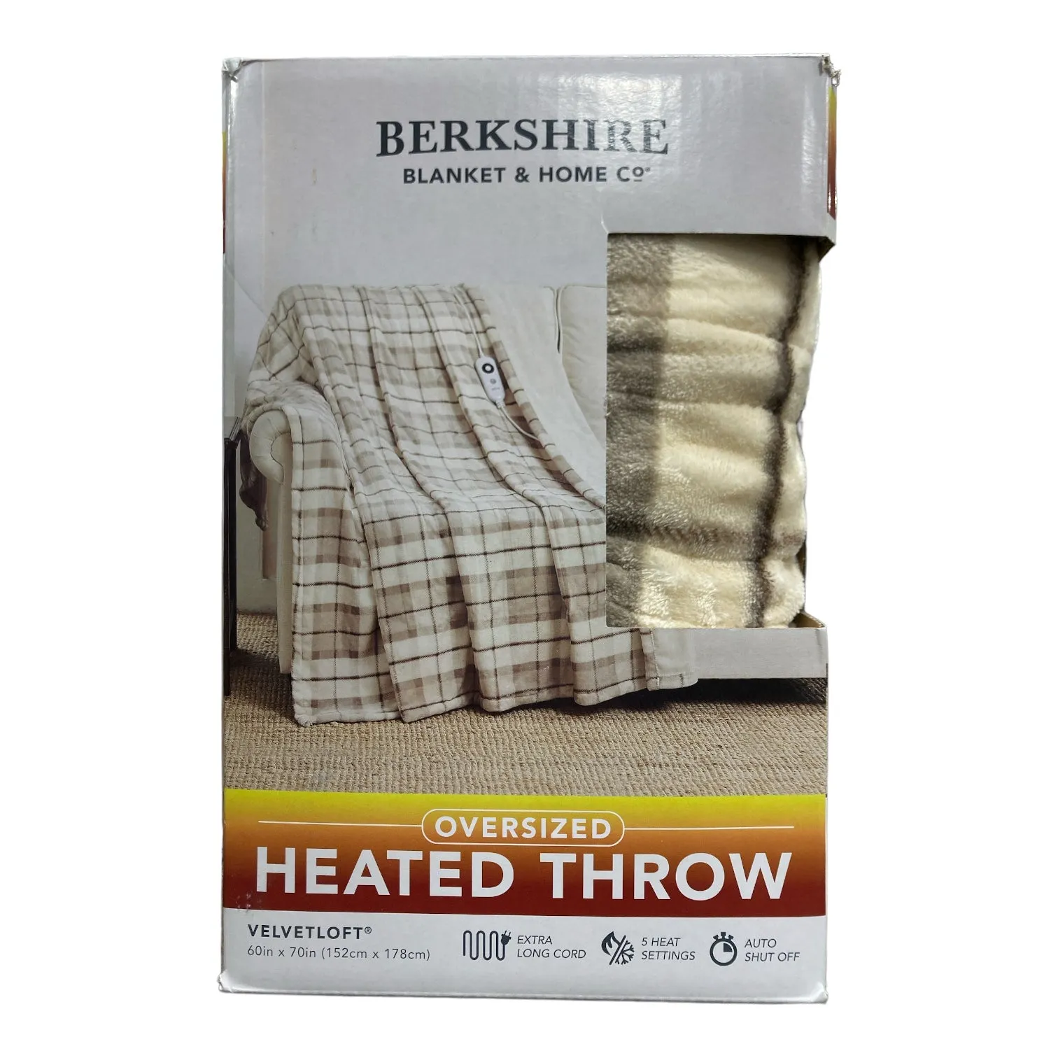 Berkshire Oversized 5 Setting Heated Throw with Auto Shut Off, 60"x70", Neutral Plaid