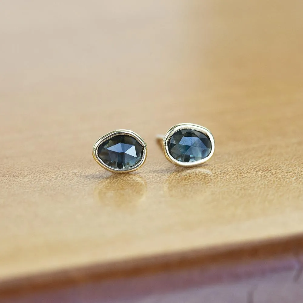 Blue Oval Rosecut Sapphire Stud Earrings In Yellow Gold Bezel Set