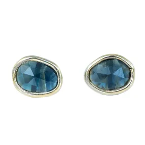 Blue Oval Rosecut Sapphire Stud Earrings In Yellow Gold Bezel Set