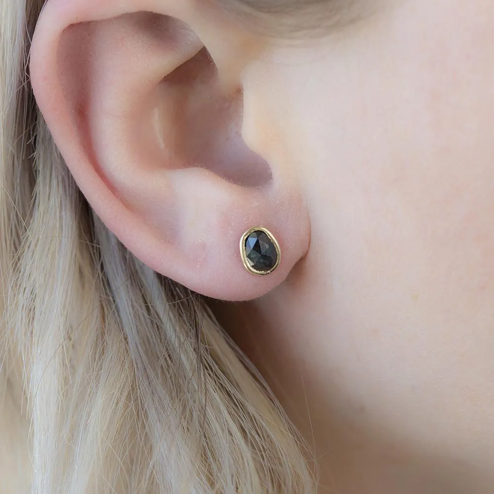 Blue Oval Rosecut Sapphire Stud Earrings In Yellow Gold Bezel Set