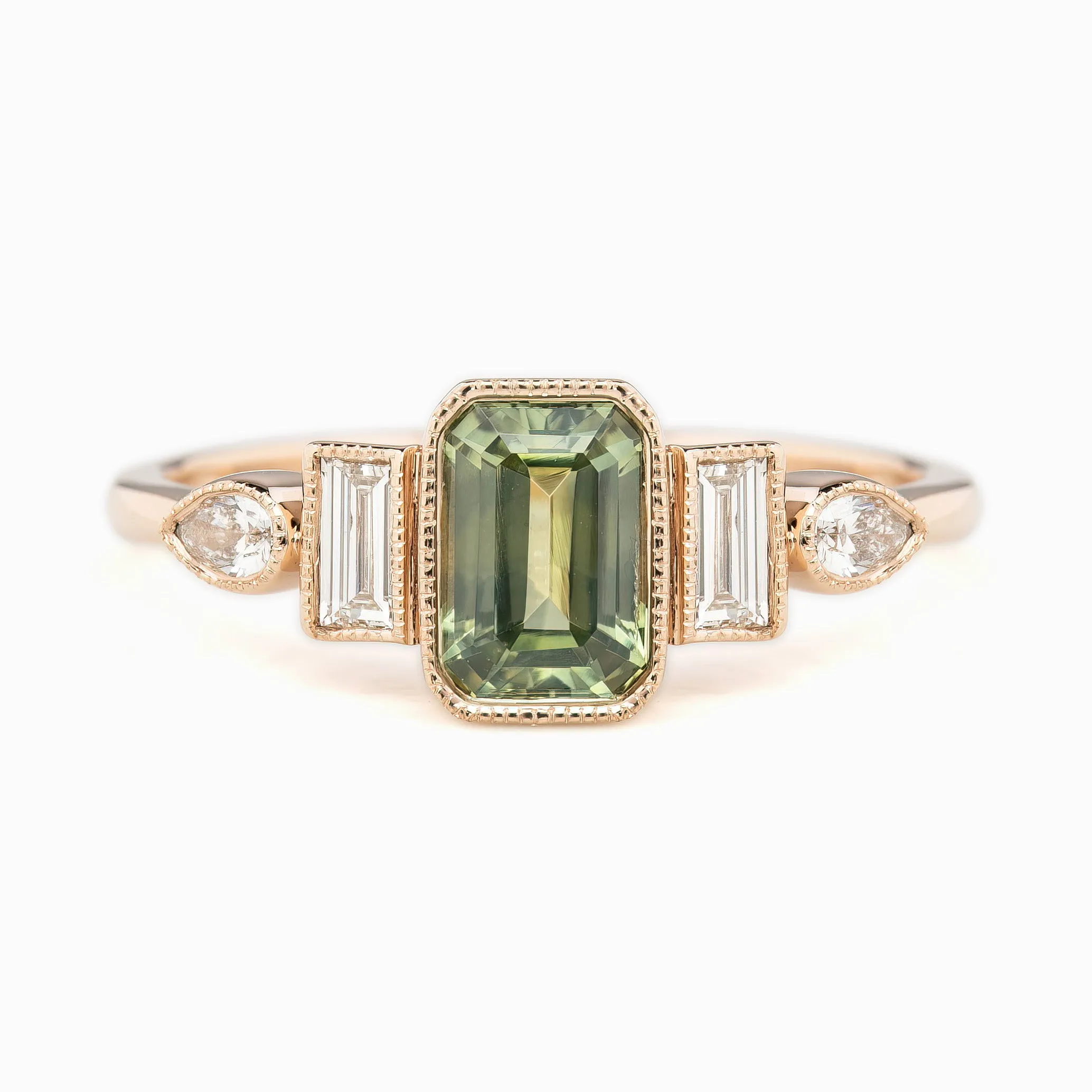 Edith Ring 1.32ct Light Green Montana Sapphire, 14K Rose Gold (One of a kind)