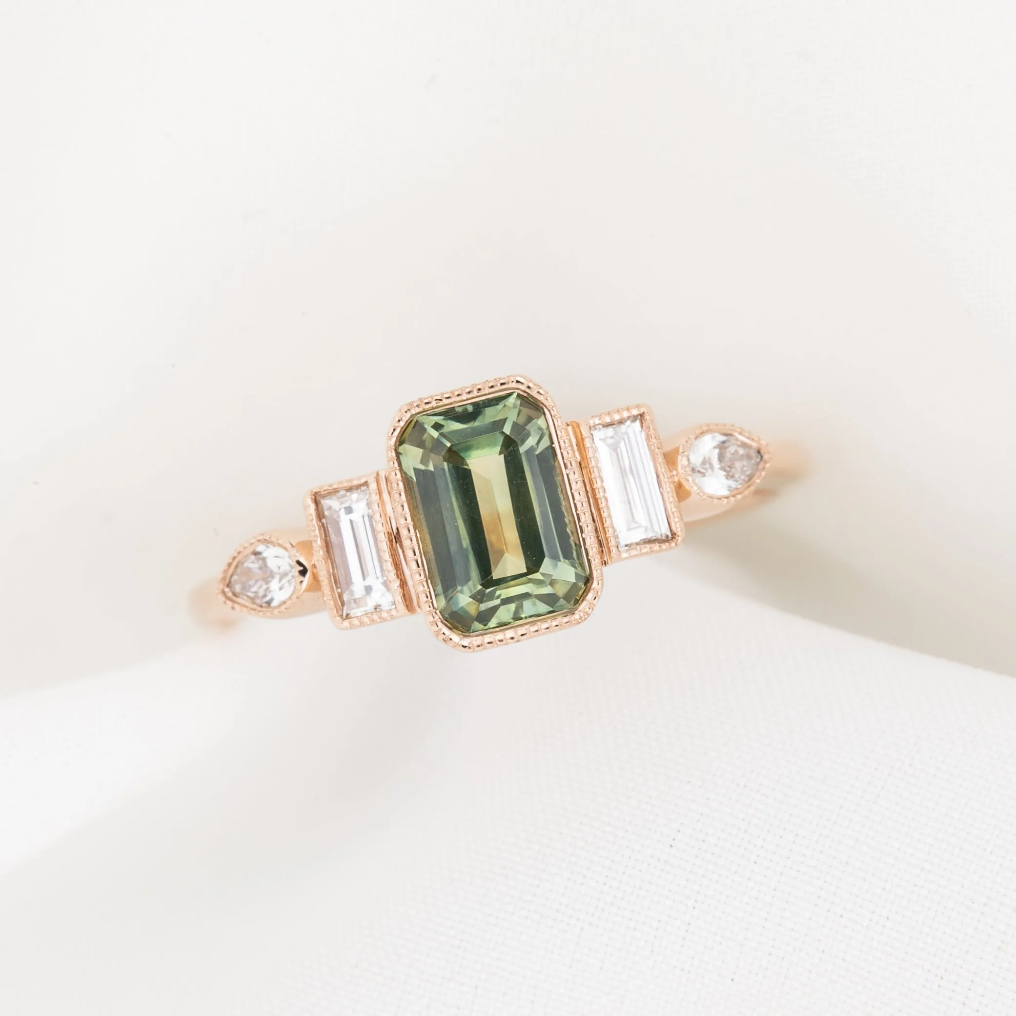 Edith Ring 1.32ct Light Green Montana Sapphire, 14K Rose Gold (One of a kind)