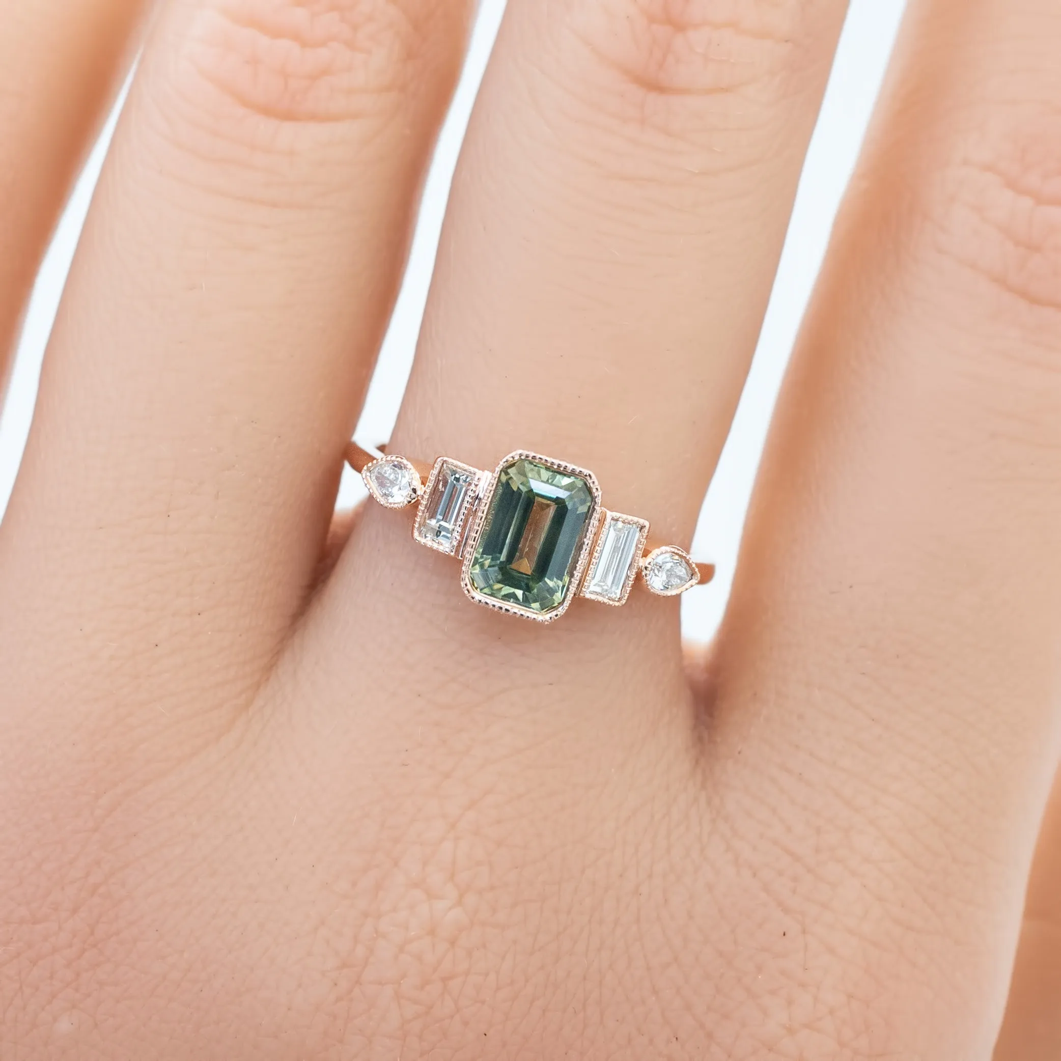 Edith Ring 1.32ct Light Green Montana Sapphire, 14K Rose Gold (One of a kind)