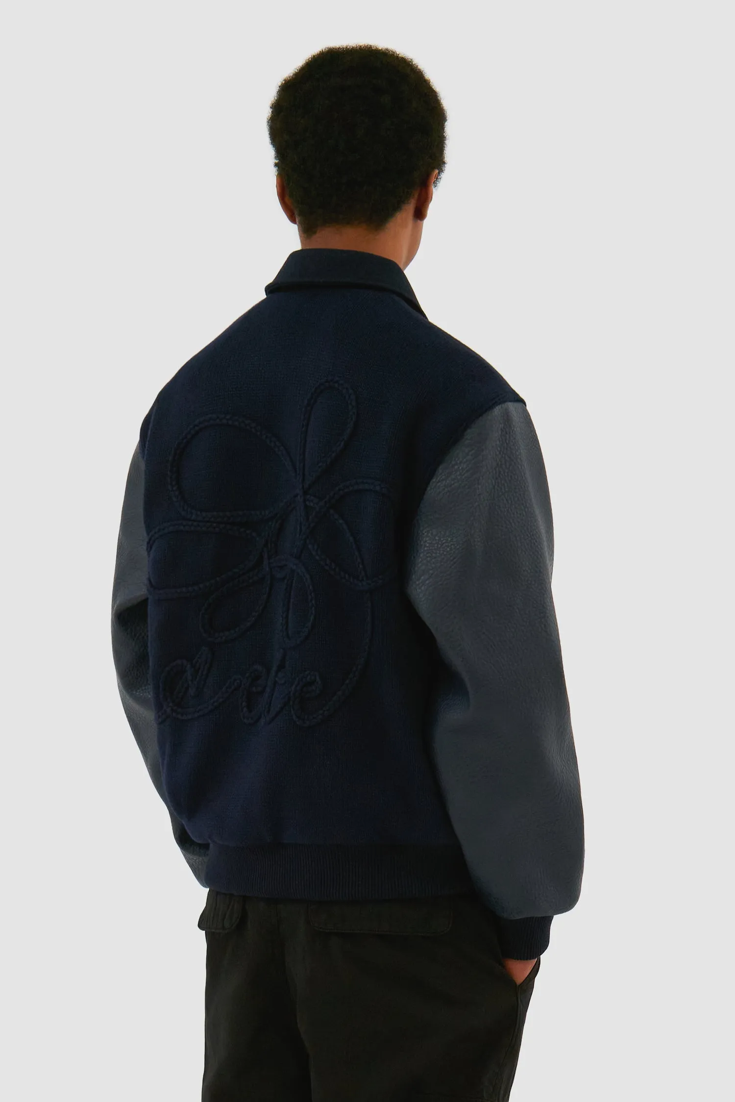 Embroidered Flower Varsity Jacket - Navy