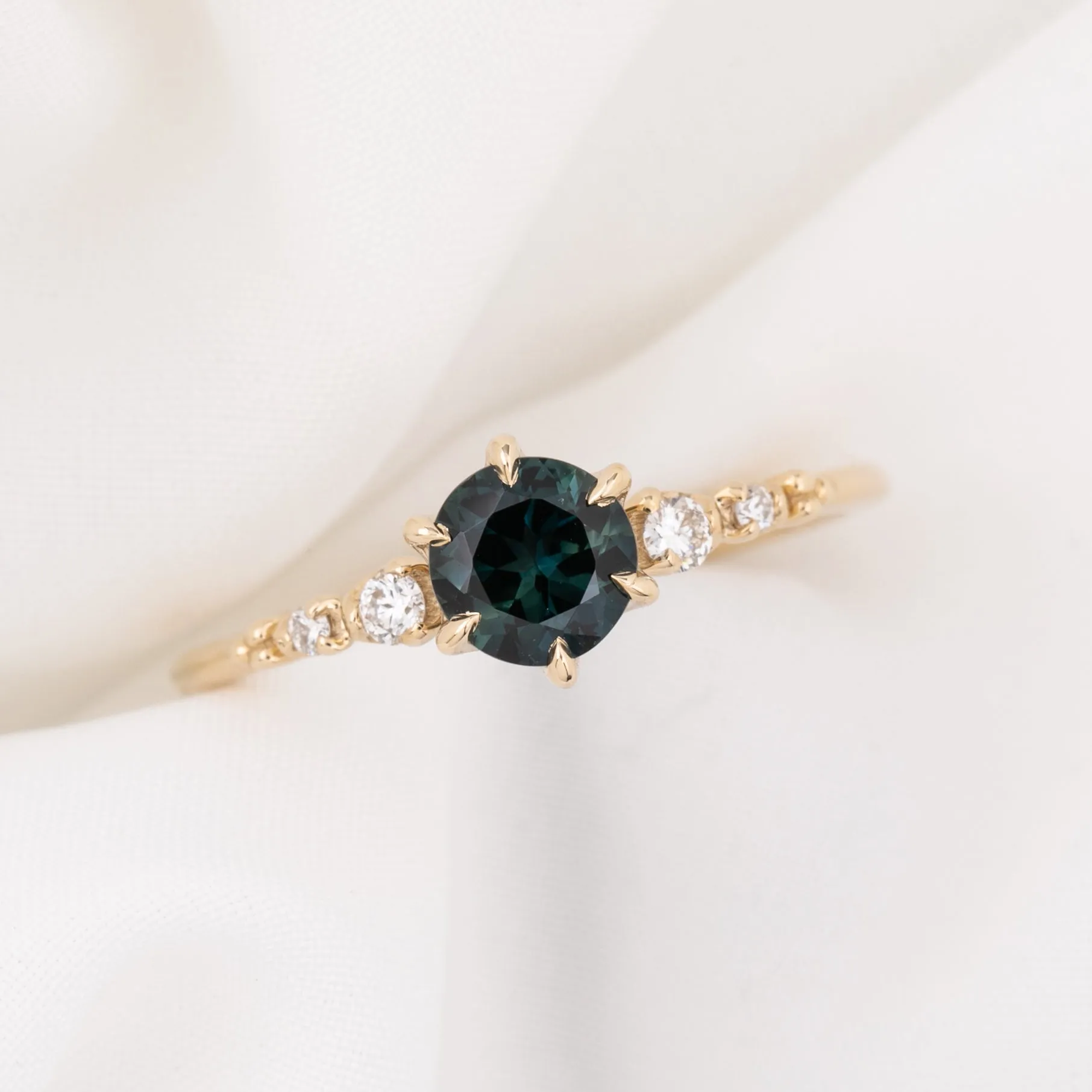 Estel Fleur Ring 0.82ct Deep Teal Blue Queensland Sapphire, 14k Yellow Gold (One of a kind)