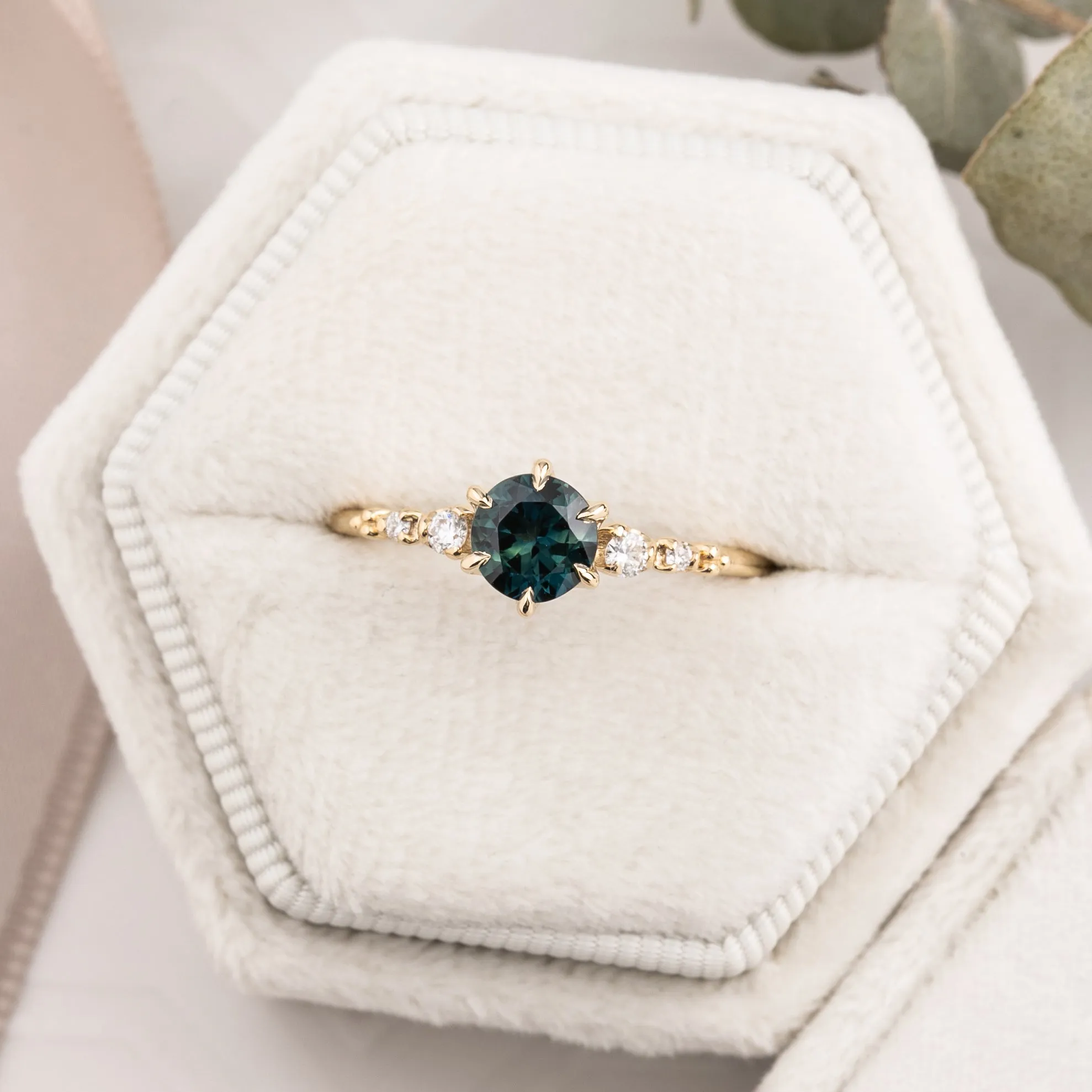 Estel Fleur Ring 0.82ct Deep Teal Blue Queensland Sapphire, 14k Yellow Gold (One of a kind)