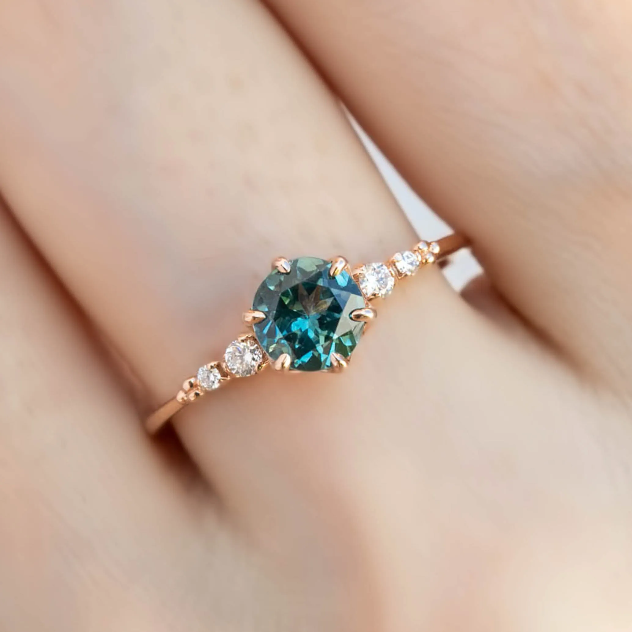 Estel Fleur Ring 1.02ct Blue Green Round Montana Sapphire, 14K Rose Gold (One of a kind)