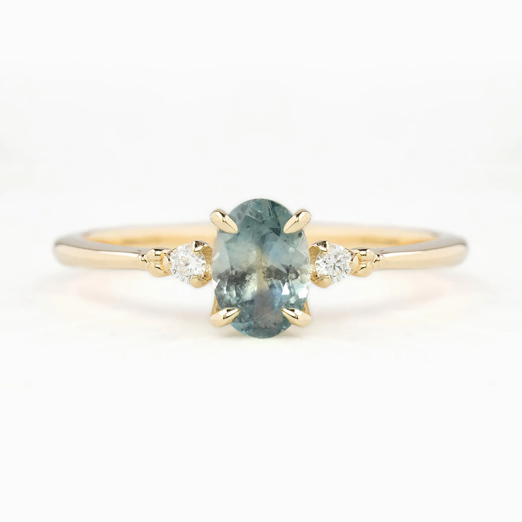 Estel Ring 6.5mm Oval Light Blue Green Montana Sapphire 14K Yellow Gold