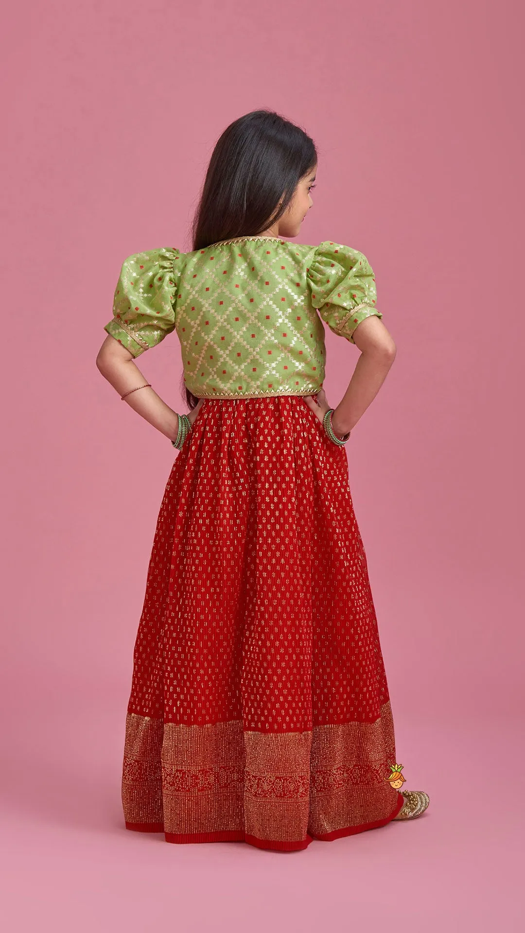 Ethnic Pleated Georgette Red Dress With Puffed Sleeves Jacket