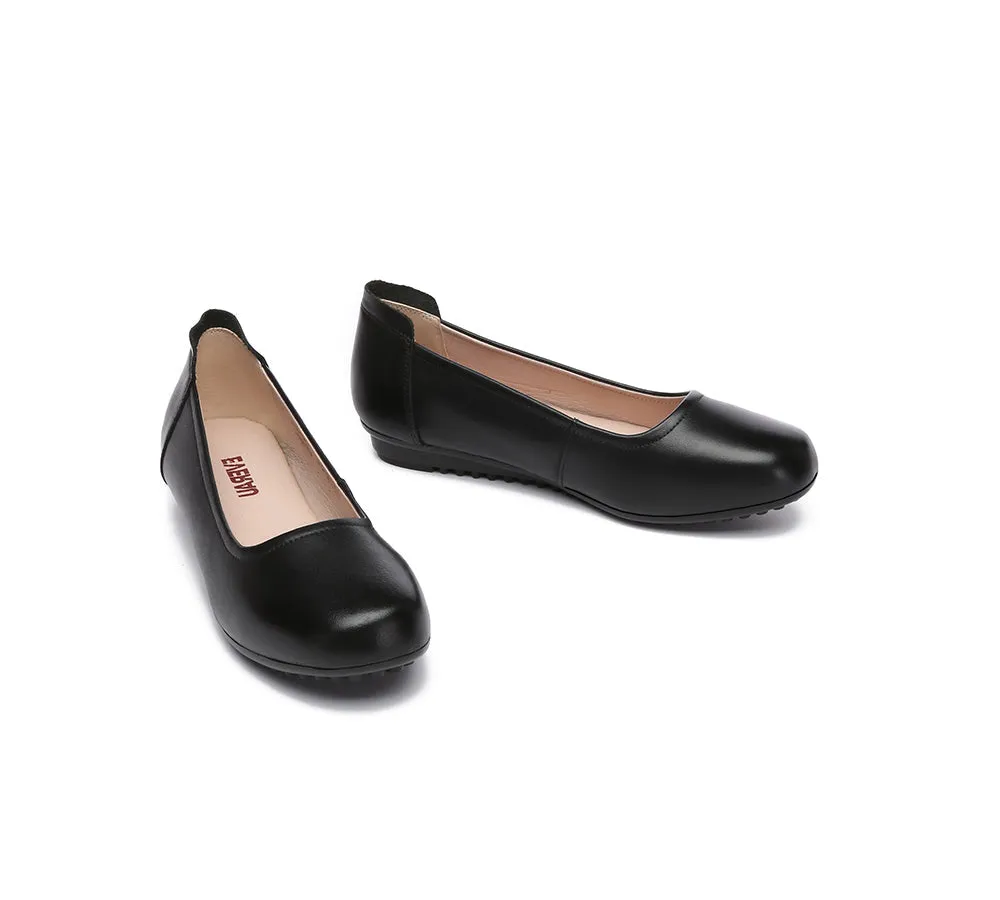 EVERAU Women Leather Round Toe Black Work Ballet Flats Fern