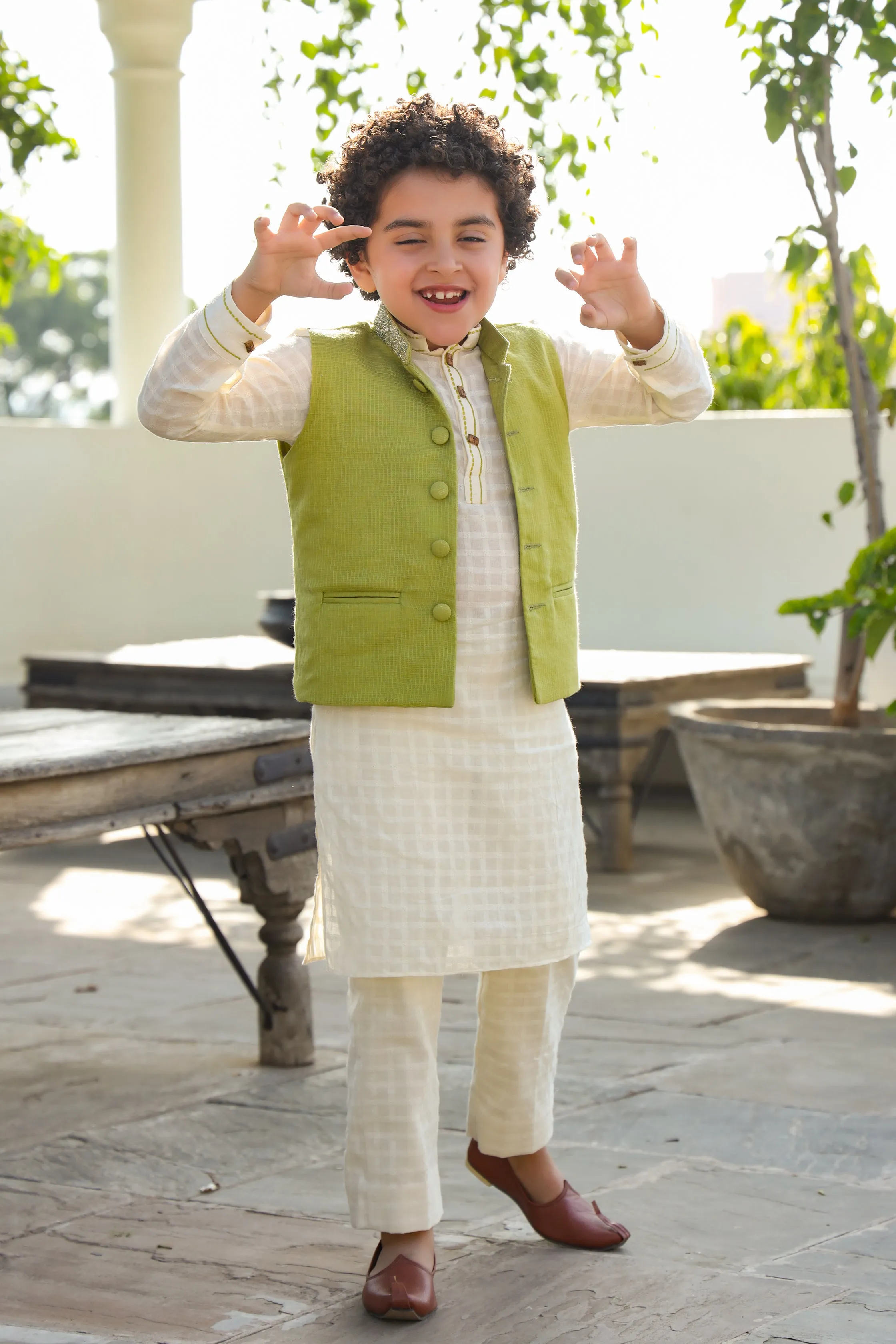 Inara - Kota Doriya Nehru Jacket, Cotton Dobby Kurta Trouser Set For Boys