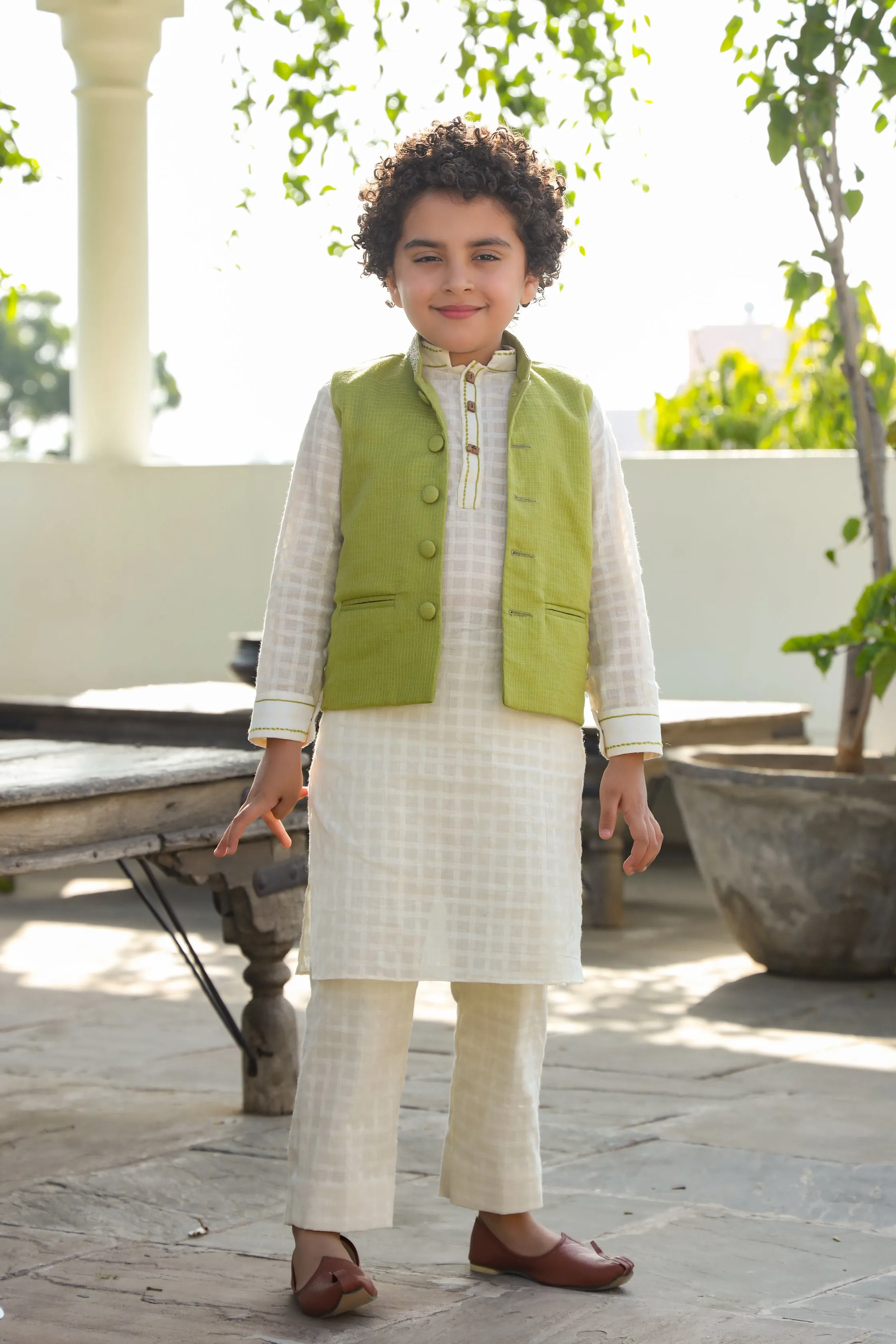 Inara - Kota Doriya Nehru Jacket, Cotton Dobby Kurta Trouser Set For Boys