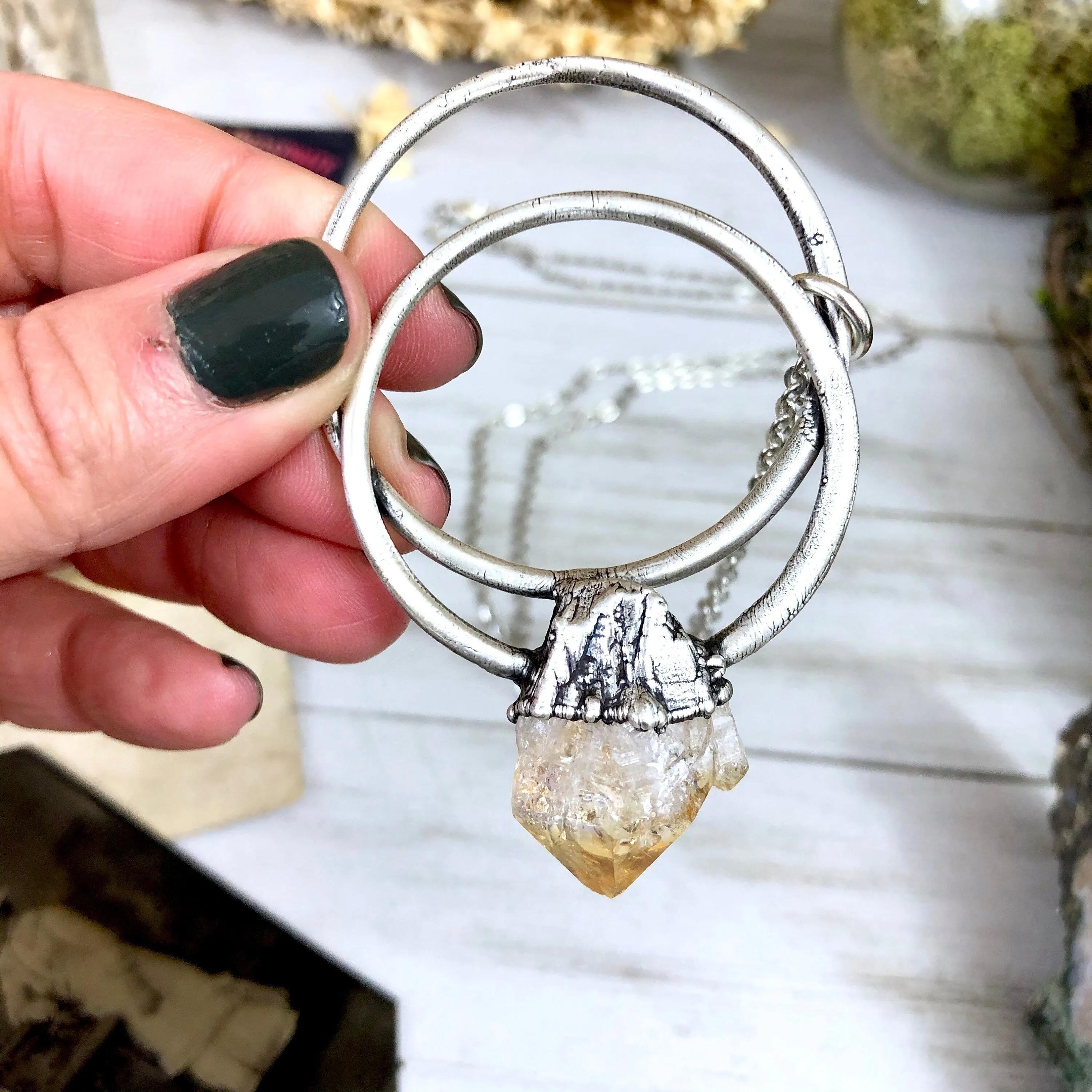 Large Raw Citrine Necklace / Big Crystal Necklace Silver