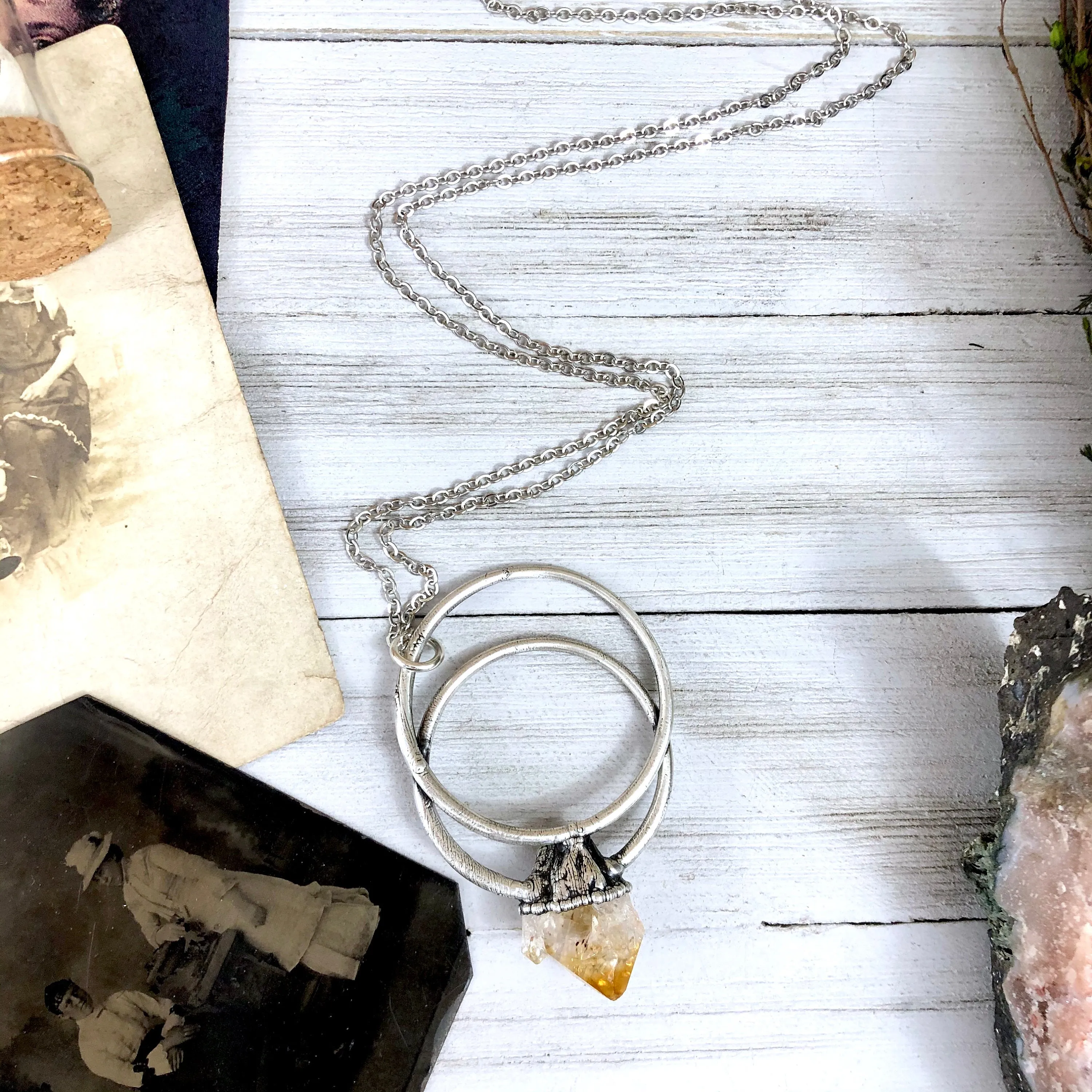 Large Raw Citrine Necklace / Big Crystal Necklace Silver