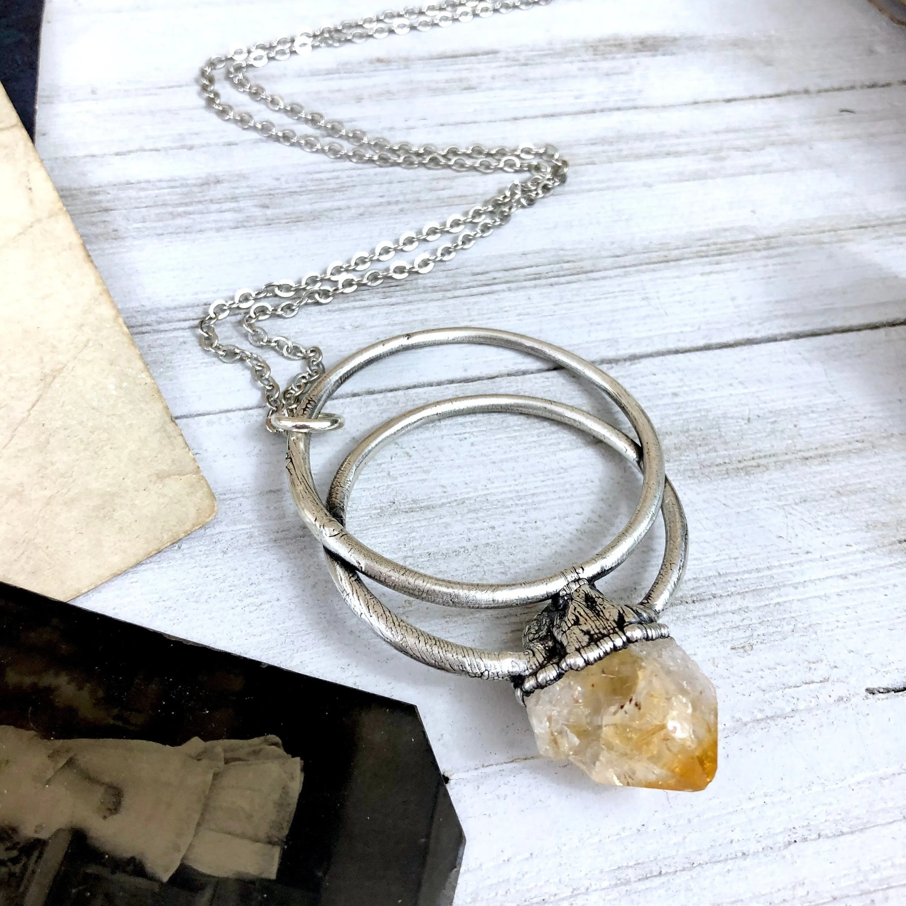 Large Raw Citrine Necklace / Big Crystal Necklace Silver