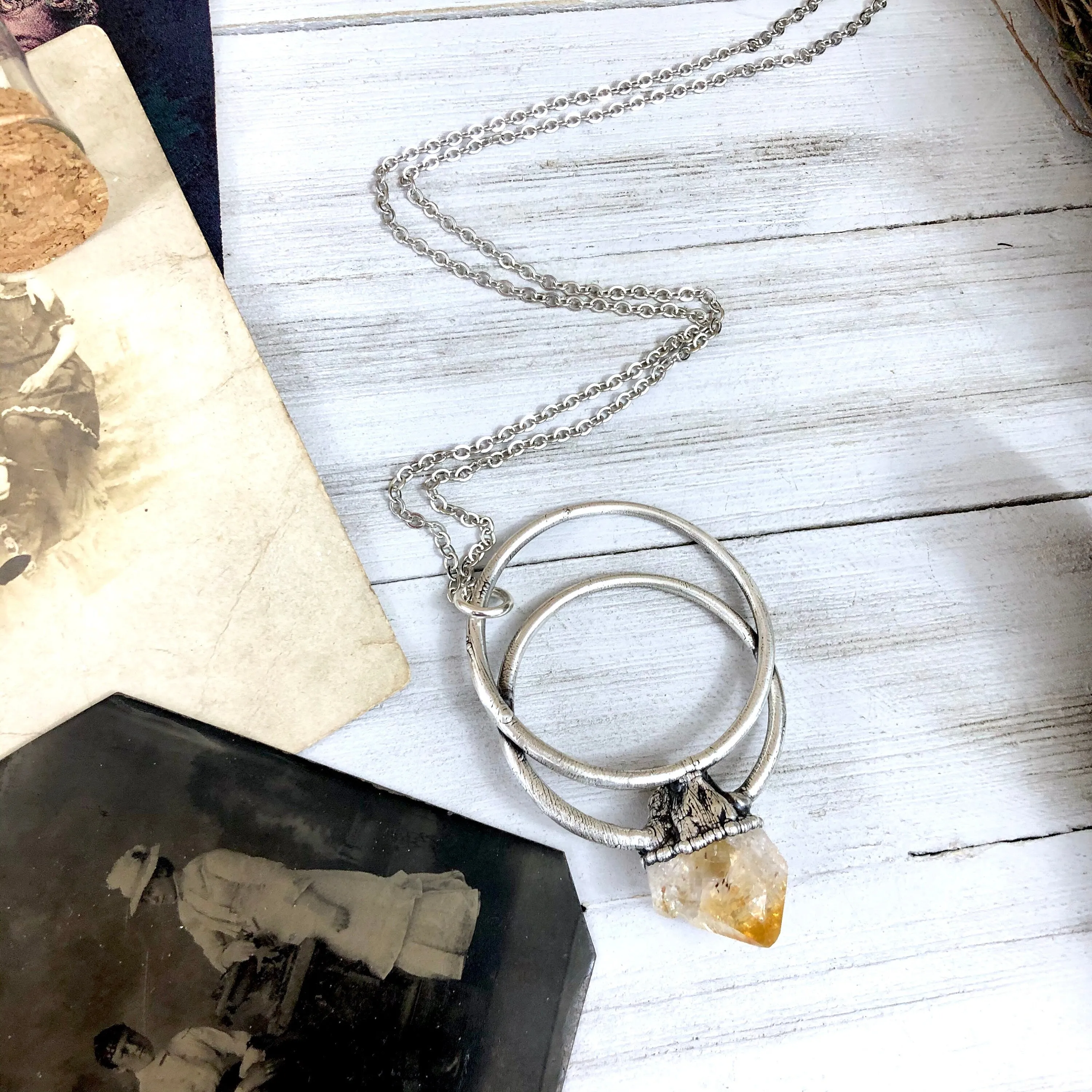 Large Raw Citrine Necklace / Big Crystal Necklace Silver