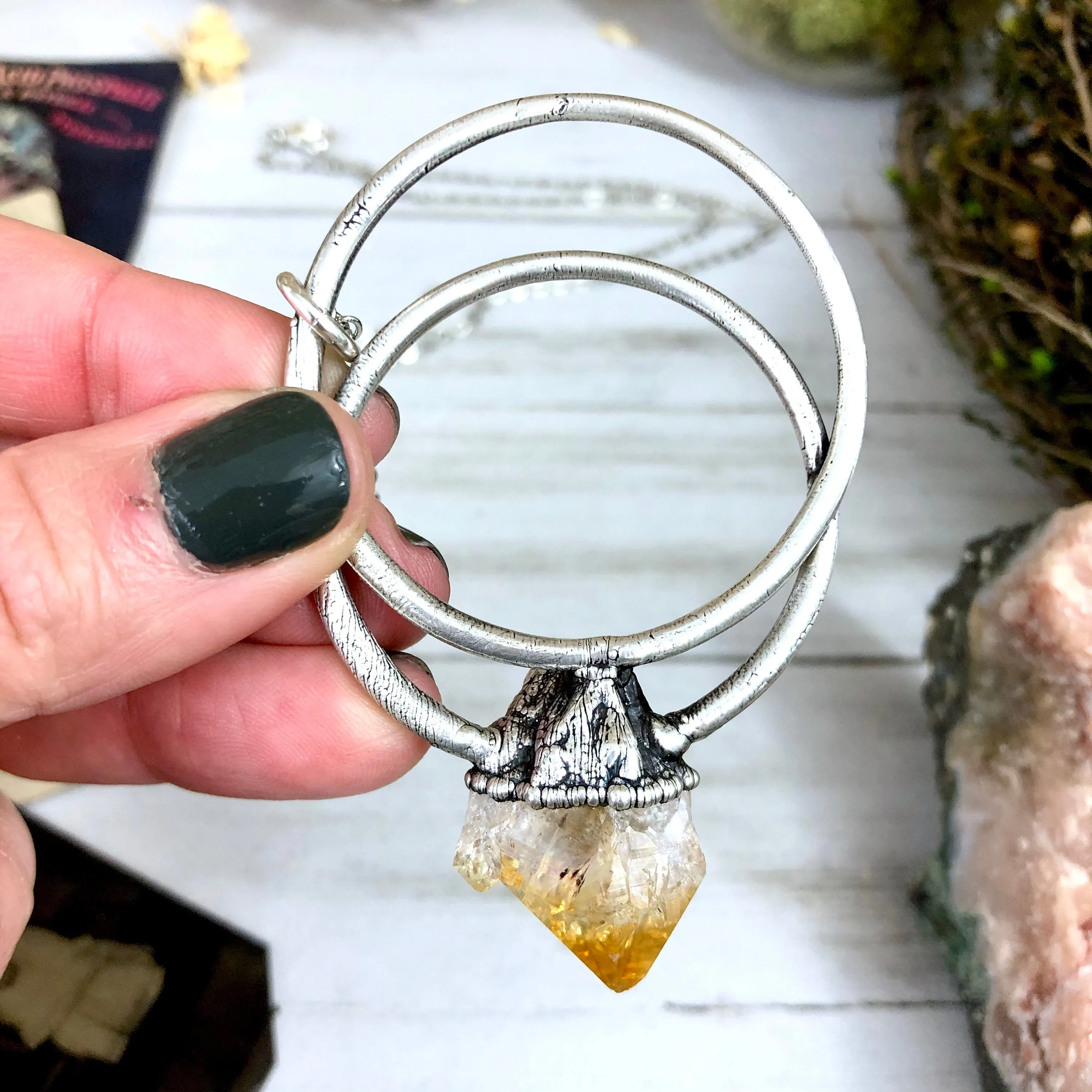 Large Raw Citrine Necklace / Big Crystal Necklace Silver