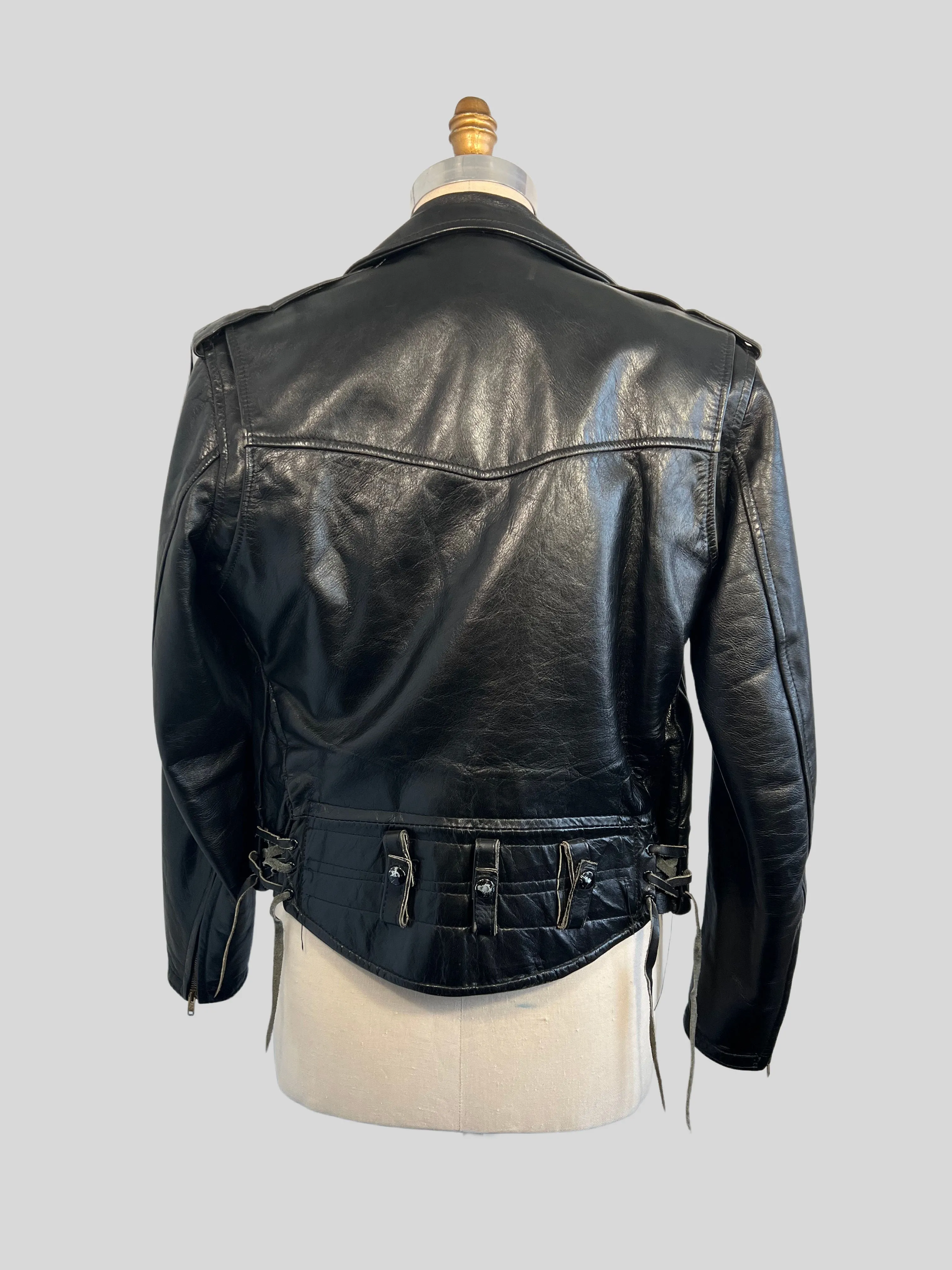 LEATHER FOREVER 1970s Black Leather Motorcycle Jacket, Men's Size S/M