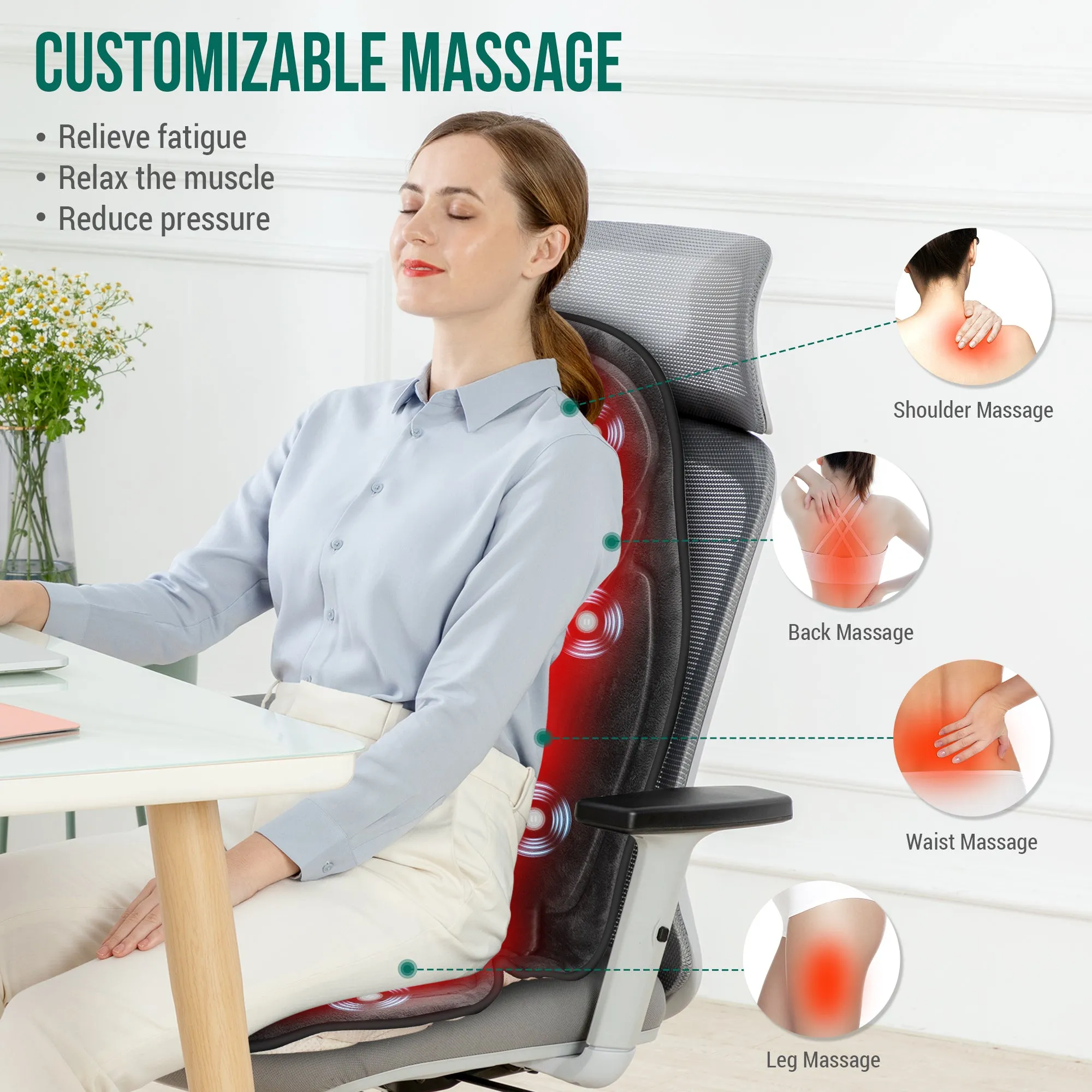 Memory Foam Massage Seat Cushion - Back Massager with Heat (Colored packaging) - SL-262M-2