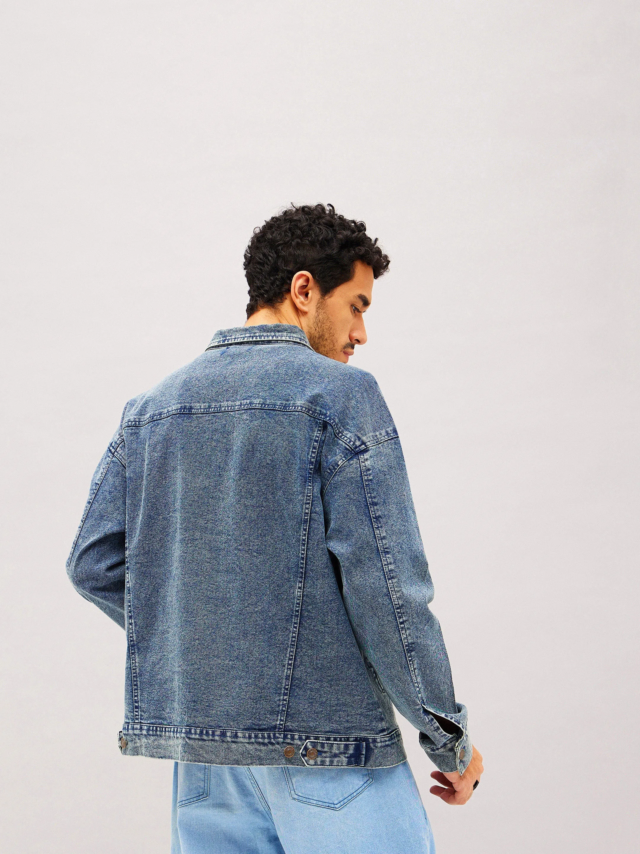 Men Blue Washed Relax Fit Denim Jacket