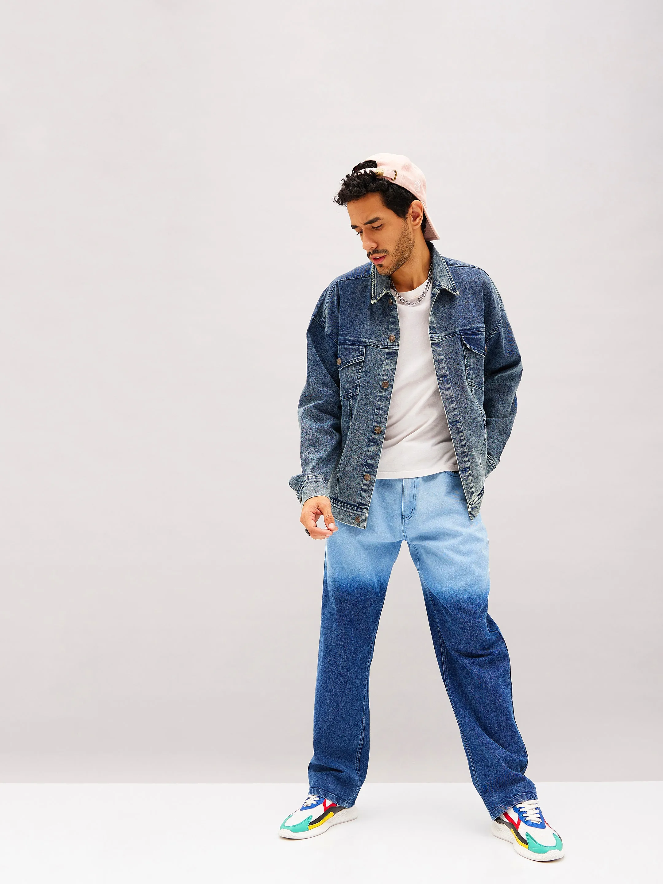 Men Blue Washed Relax Fit Denim Jacket