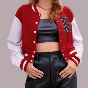 Red Appliques Crop Varsity Jacket