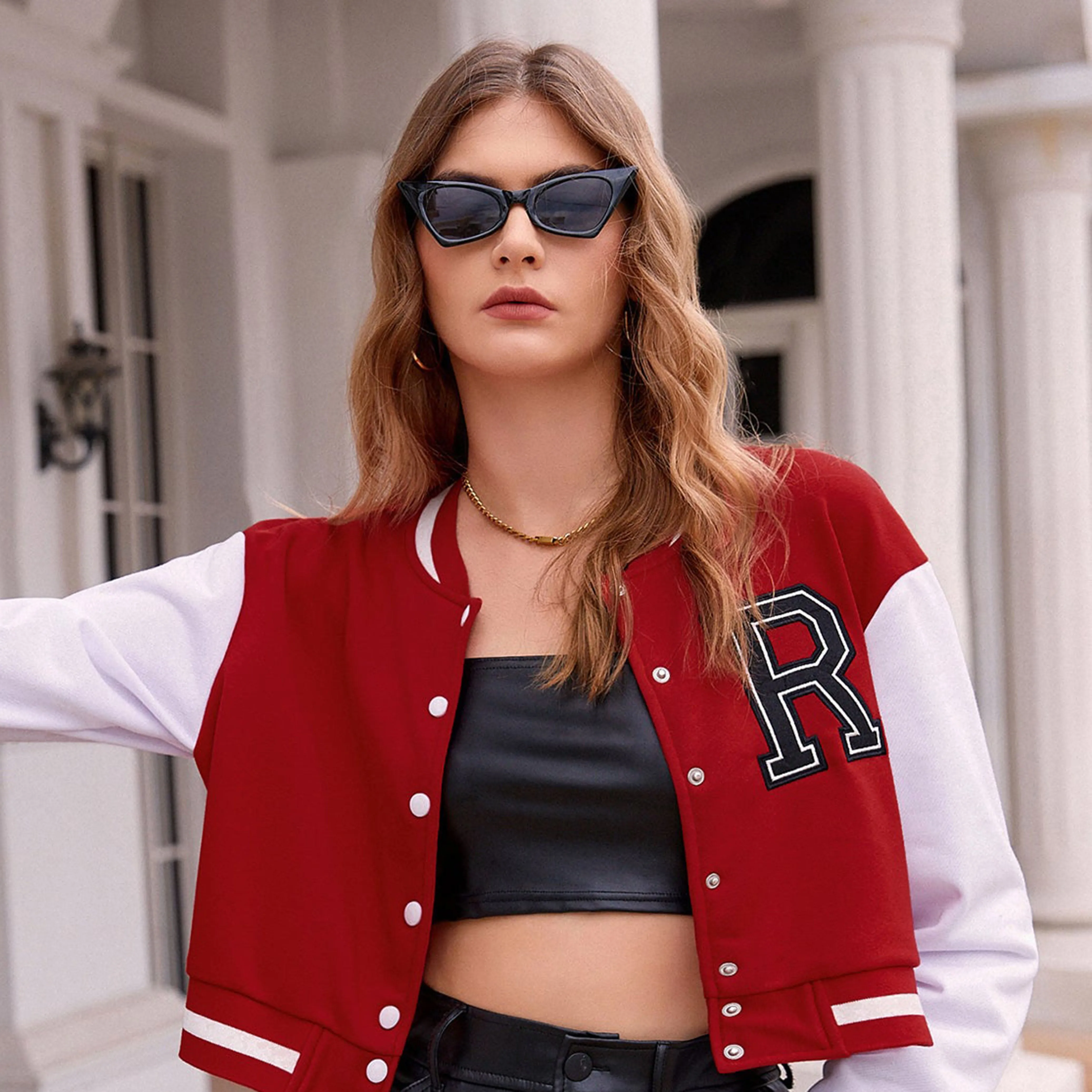 Red Appliques Crop Varsity Jacket