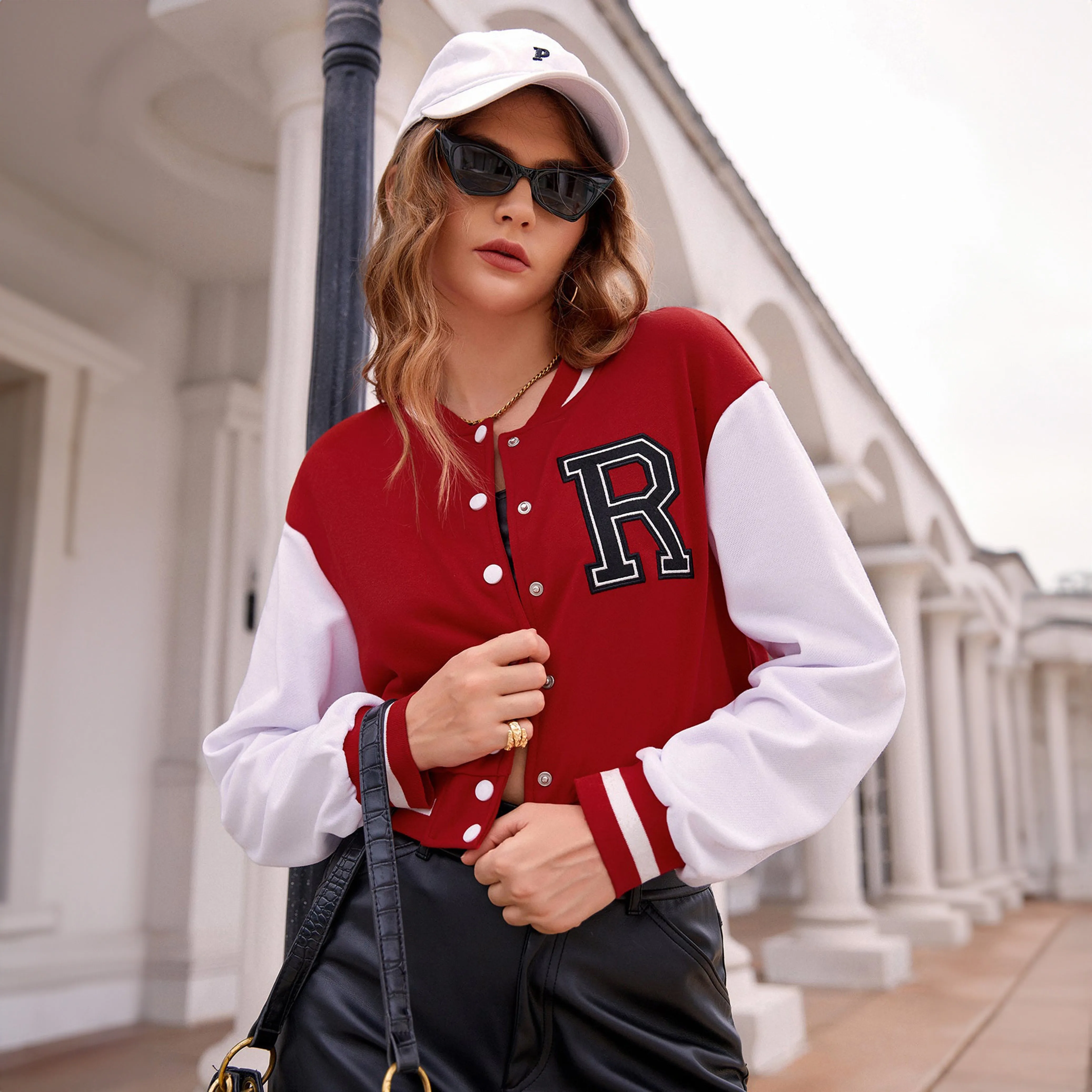 Red Appliques Crop Varsity Jacket