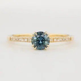 Sabrina Ring 0.71ct Blue Green Round Montana Sapphire, 14k yellow gold (One of a kind)