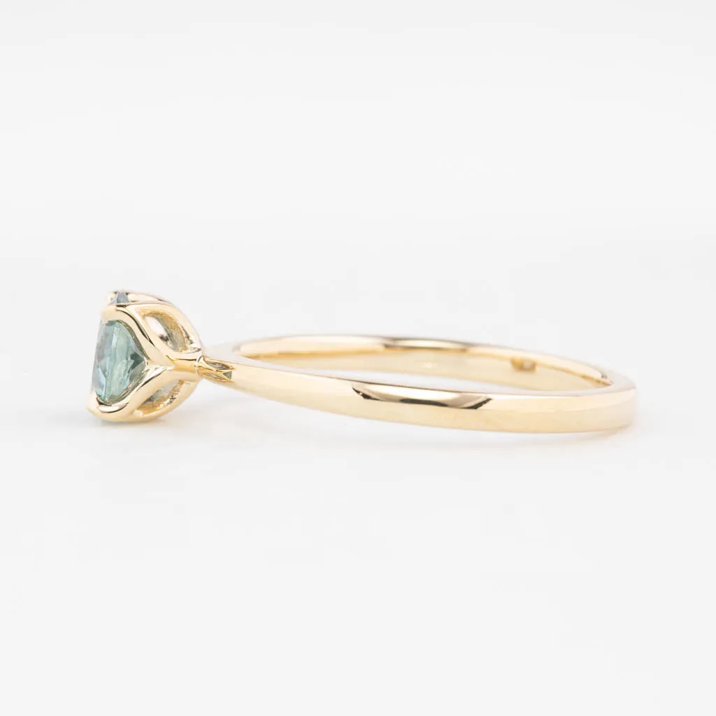 Sara Ring 0.89ct Light Blue Green Round Montana Sapphire, 14K Yellow Gold (One of a kind)