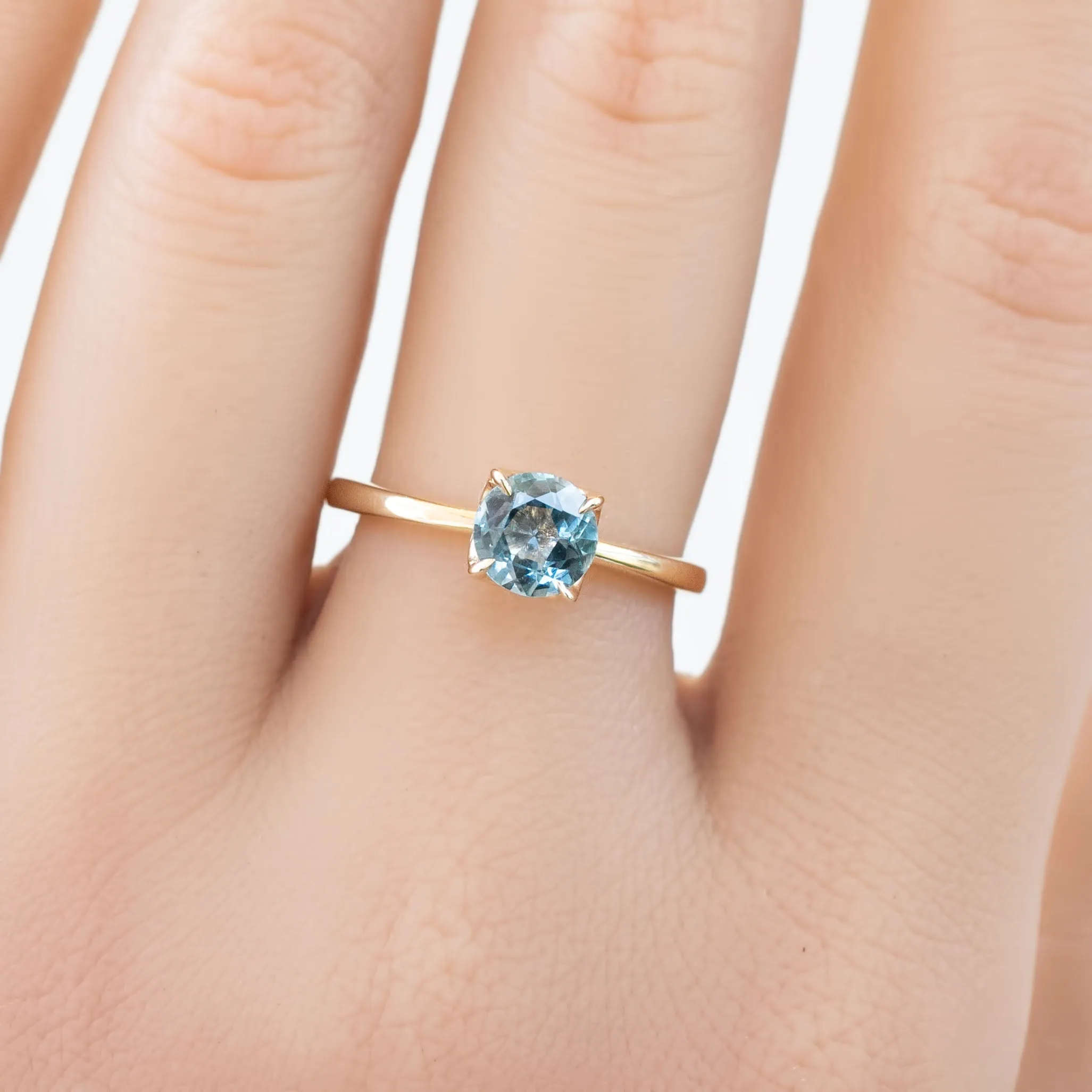 Sara Ring 0.89ct Light Blue Green Round Montana Sapphire, 14K Yellow Gold (One of a kind)