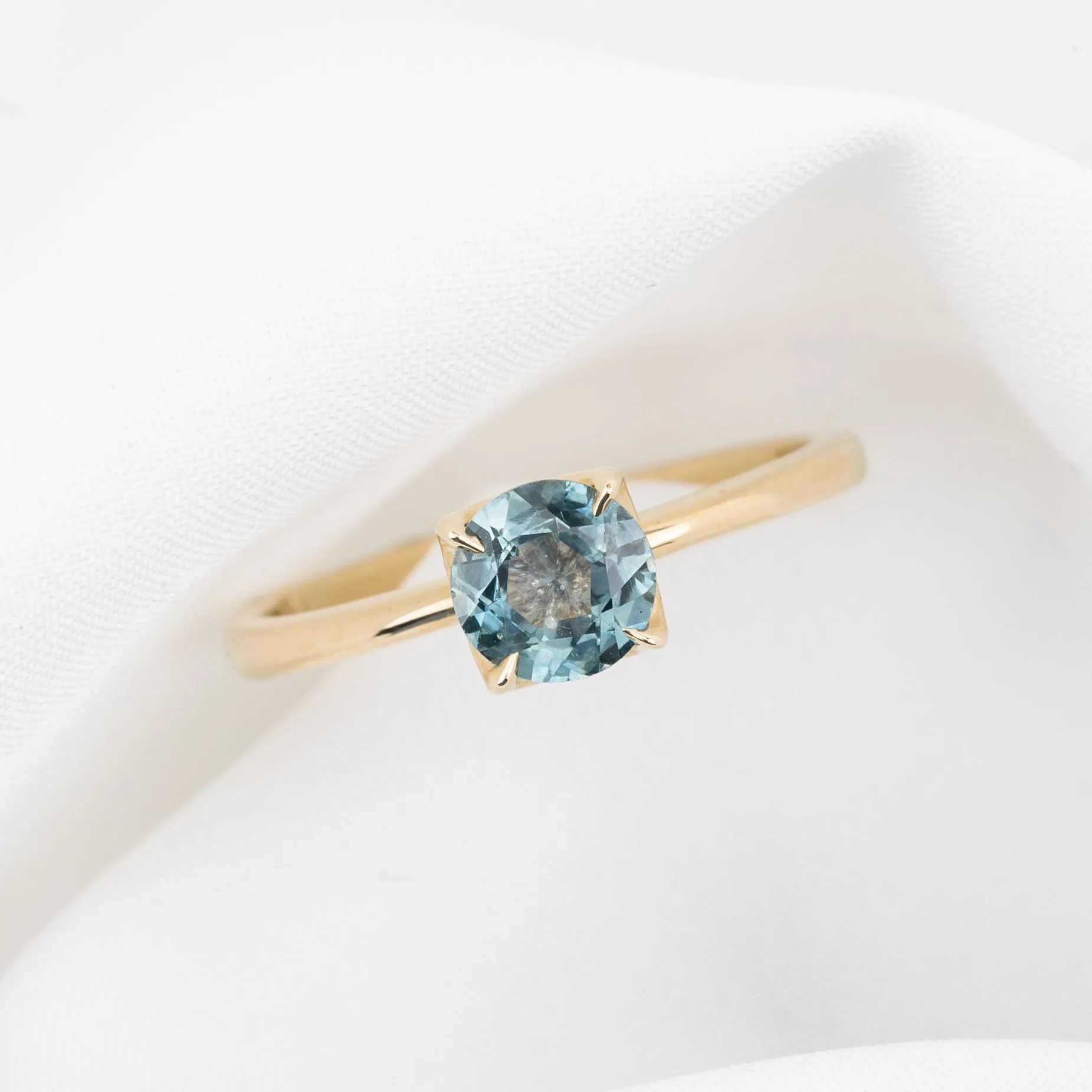 Sara Ring 0.89ct Light Blue Green Round Montana Sapphire, 14K Yellow Gold (One of a kind)