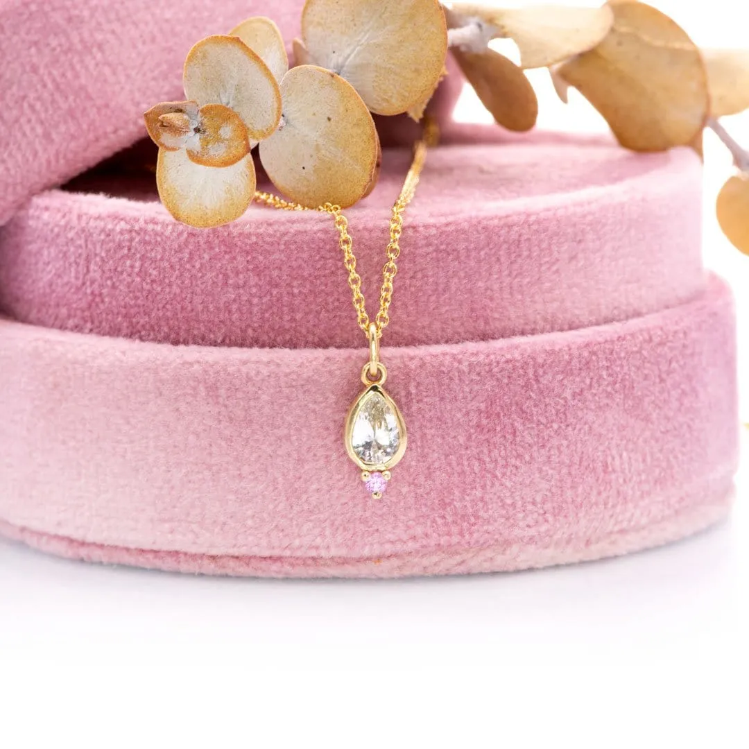 Tear Drop Pear White Sapphire & Pink Sapphire 14k Yellow Gold Pendant Necklace