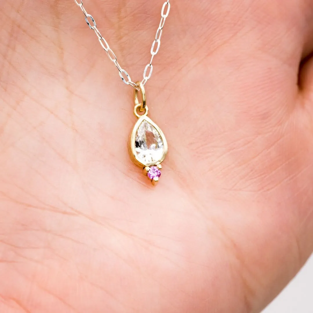 Tear Drop Pear White Sapphire & Pink Sapphire 14k Yellow Gold Pendant Necklace