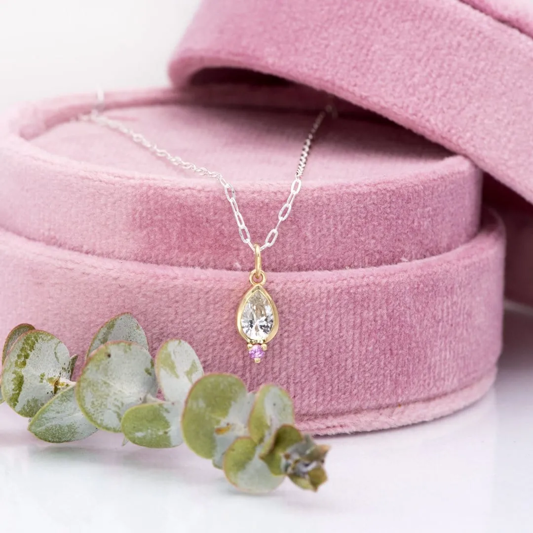 Tear Drop Pear White Sapphire & Pink Sapphire 14k Yellow Gold Pendant Necklace