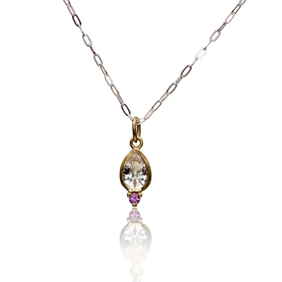 Tear Drop Pear White Sapphire & Pink Sapphire 14k Yellow Gold Pendant Necklace