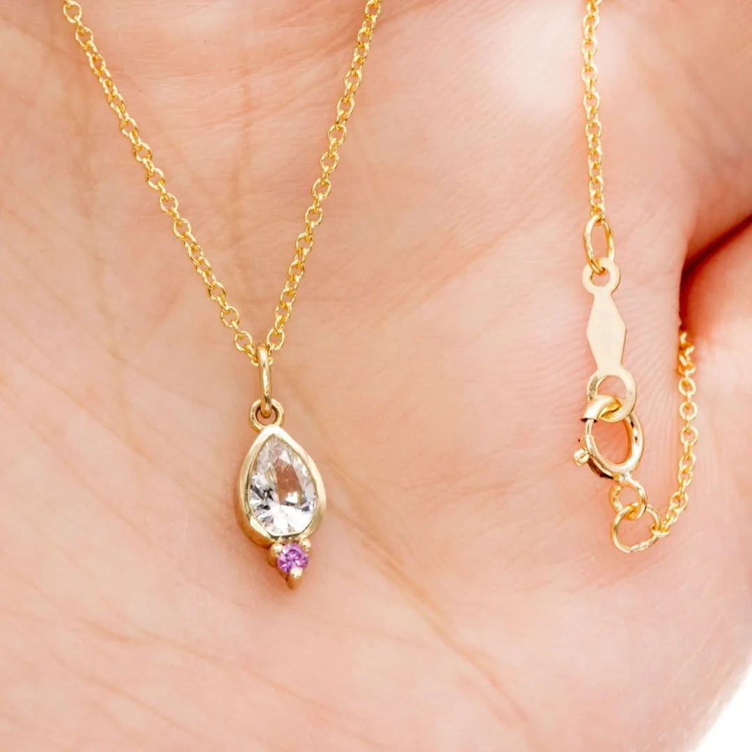 Tear Drop Pear White Sapphire & Pink Sapphire 14k Yellow Gold Pendant Necklace