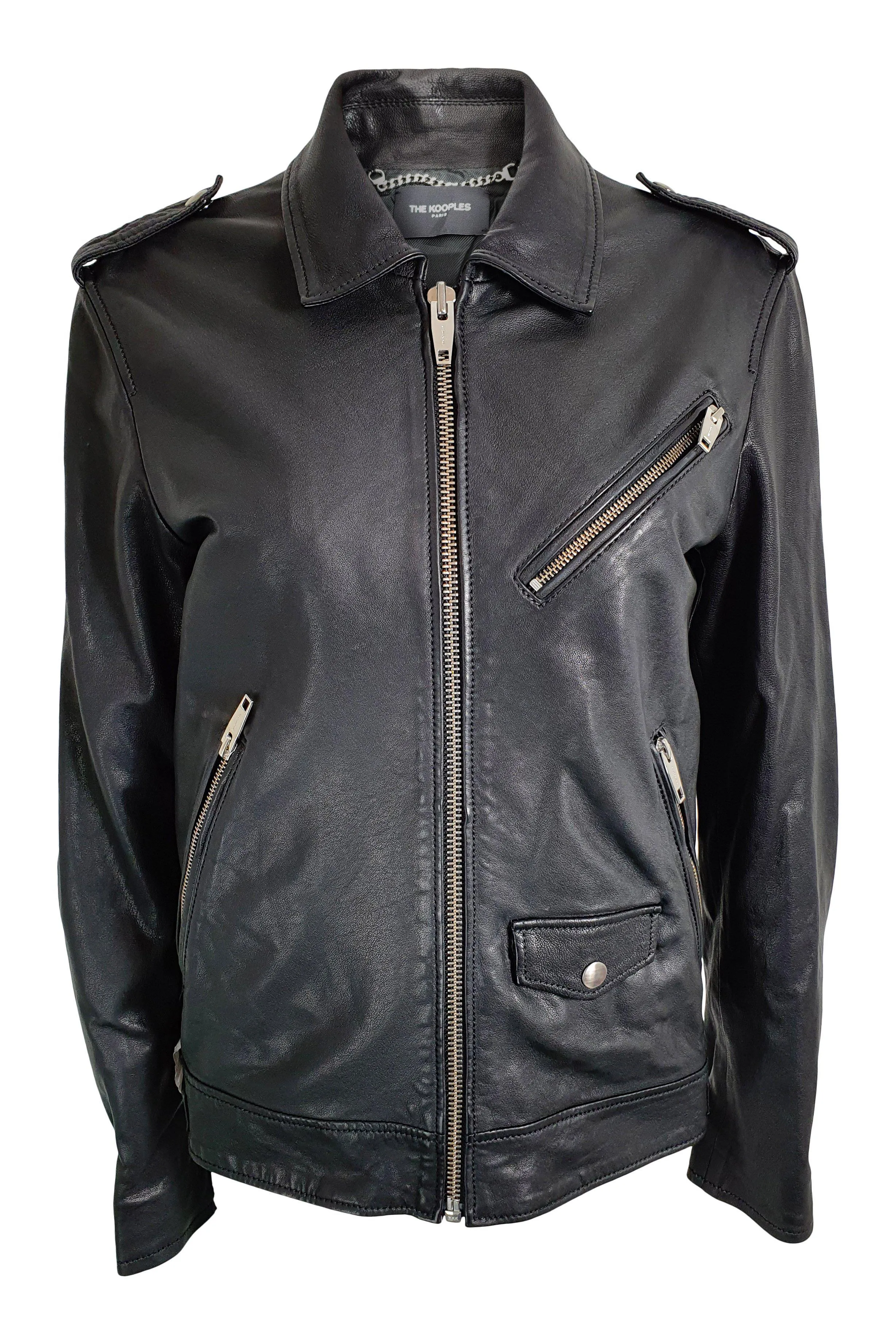 THE KOOPLES Black Washed Lambs Leather Zip Front Biker Jacket (XS)