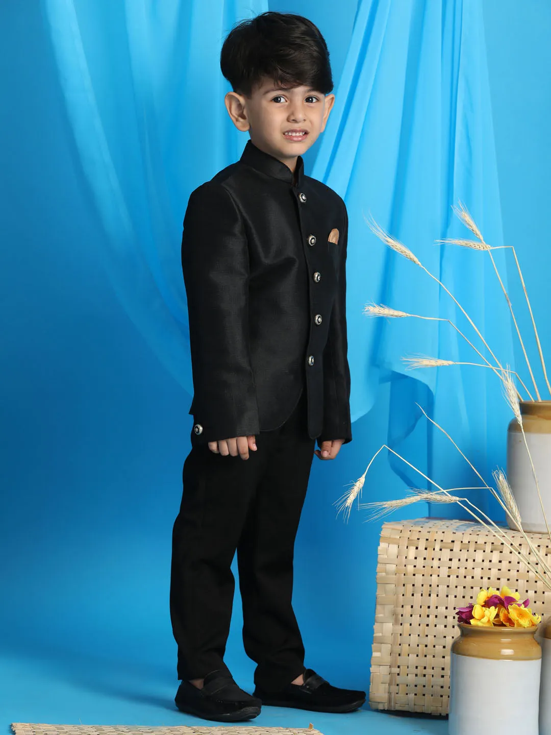 VASTRAMAY Boy's Black Silk Blend Jodhpuri