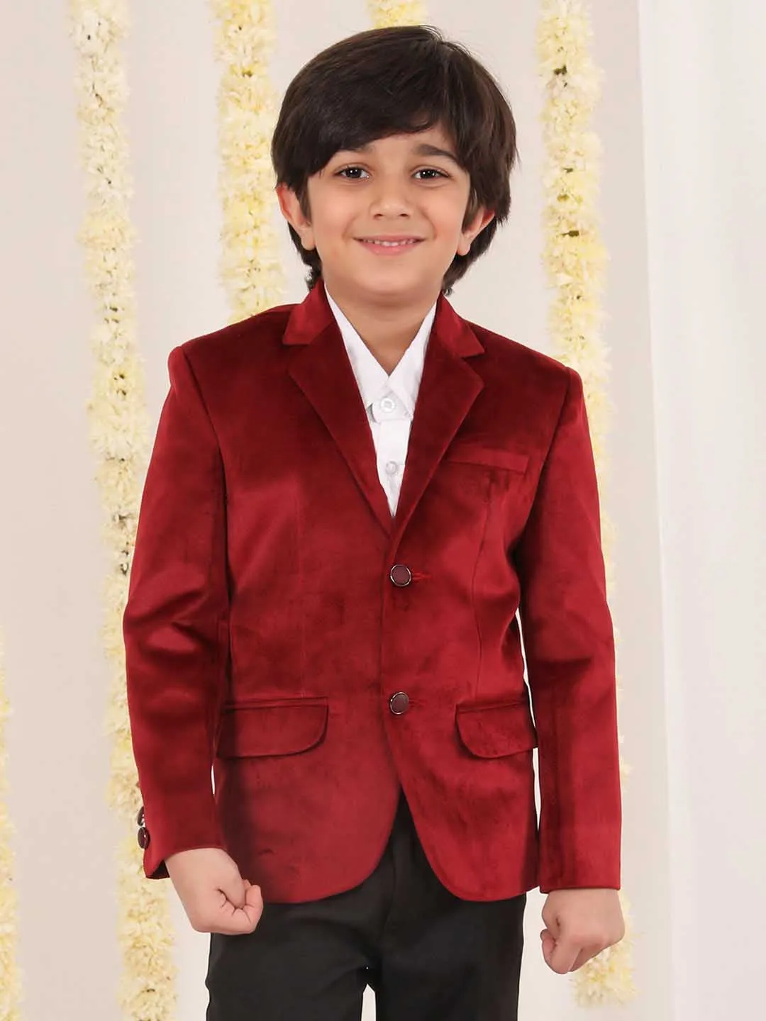 VASTRAMAY Boy's Maroon Velvet Blazer