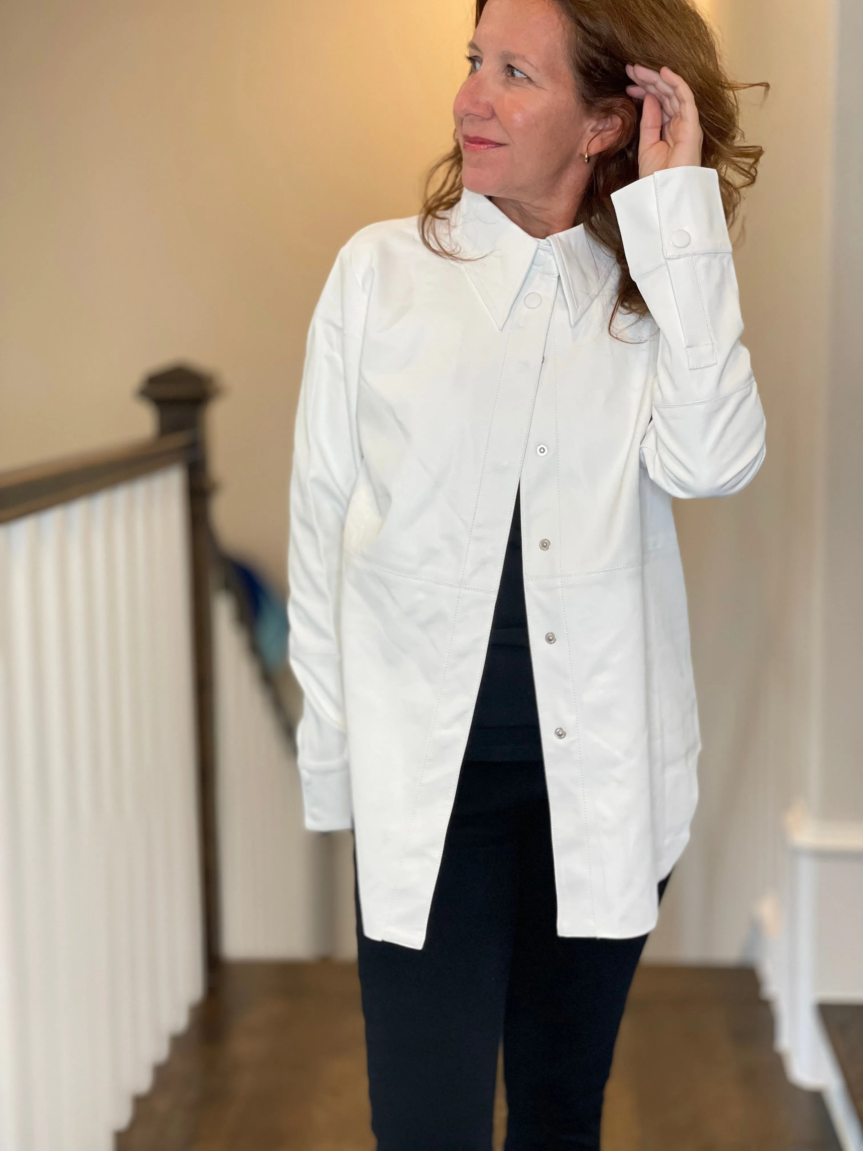 Vegan Leather Button Down Shirt in White