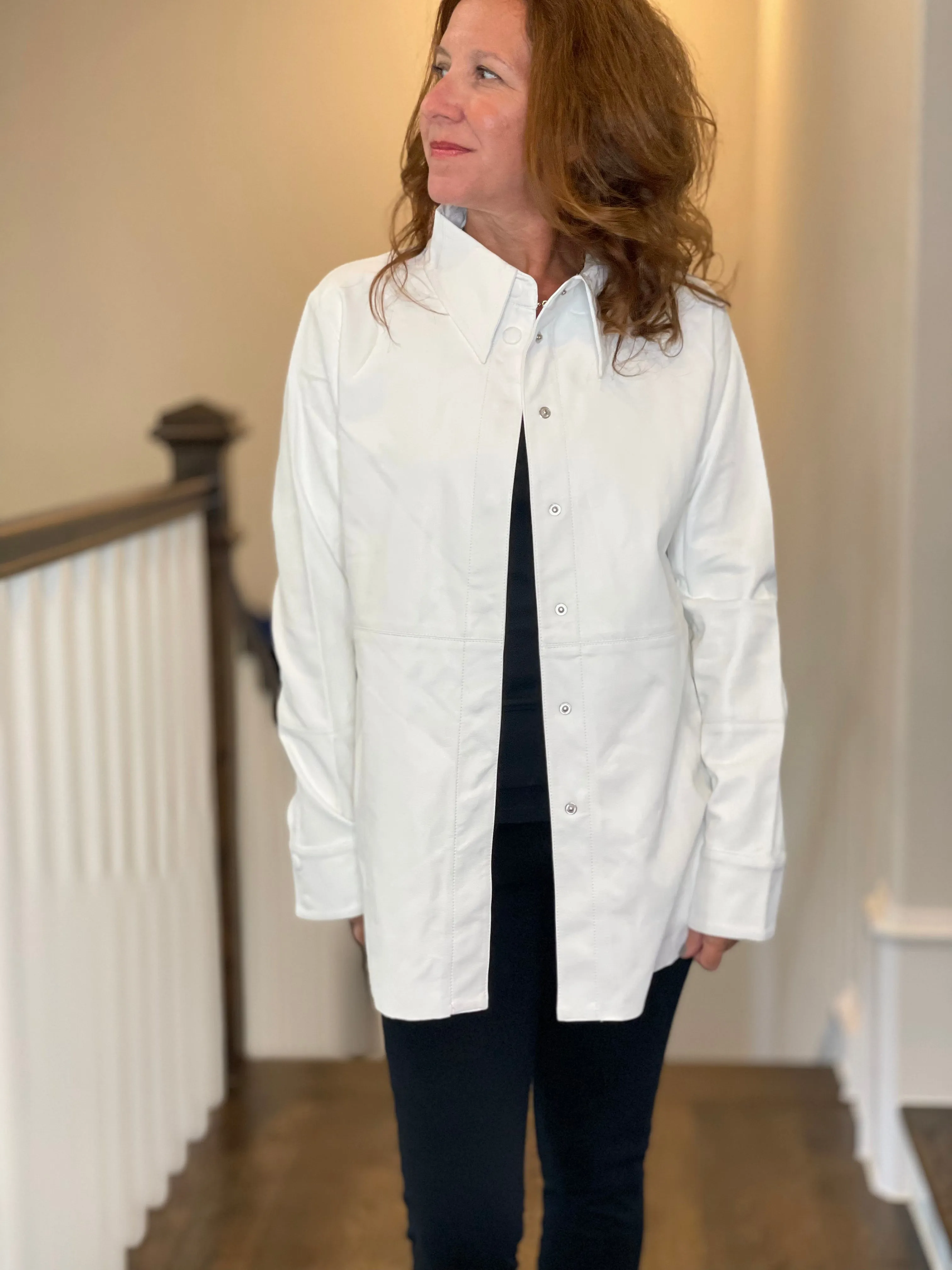 Vegan Leather Button Down Shirt in White