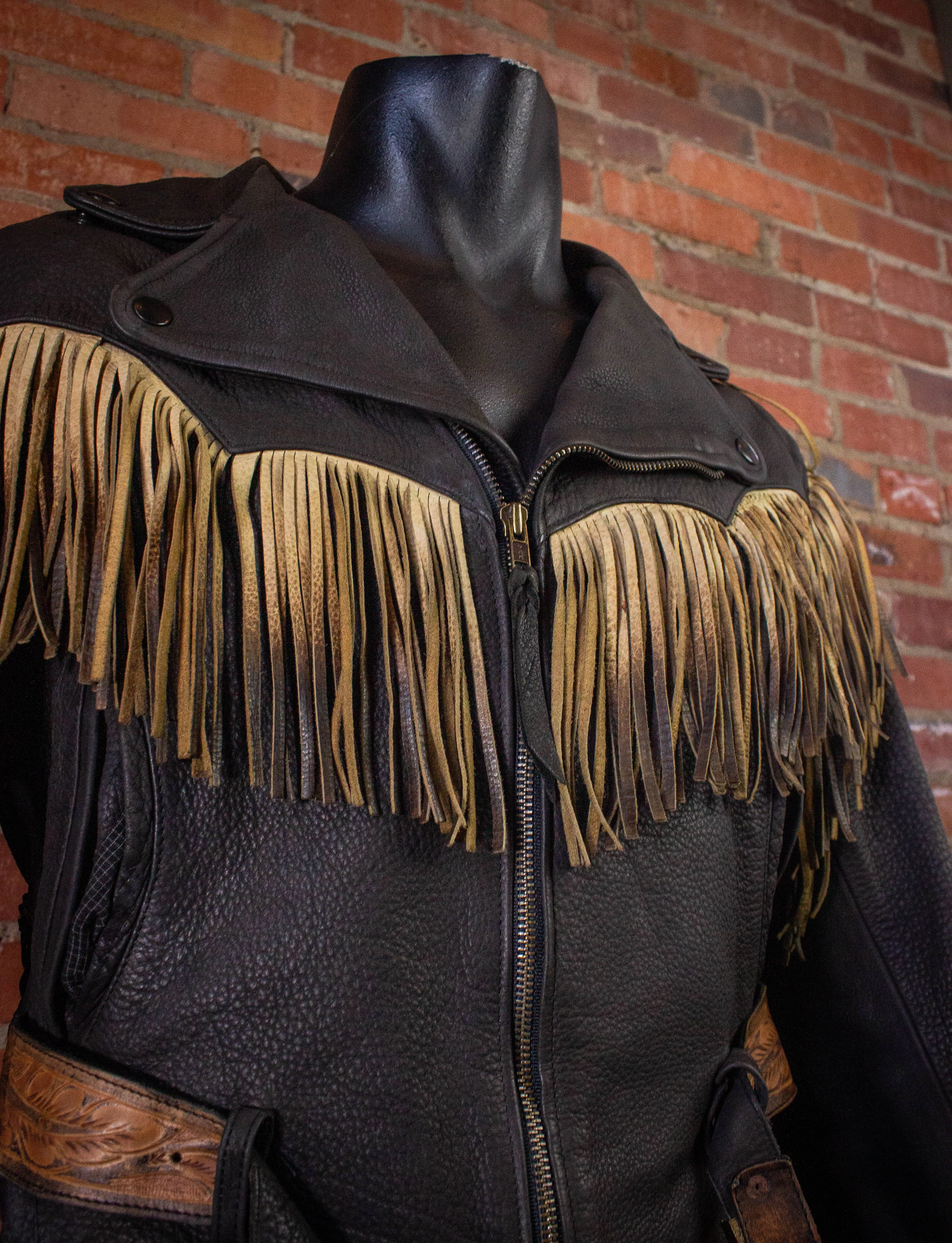 Vintage Cobra Larami Fringe Leather Jacket 70s Brown and Tan Small